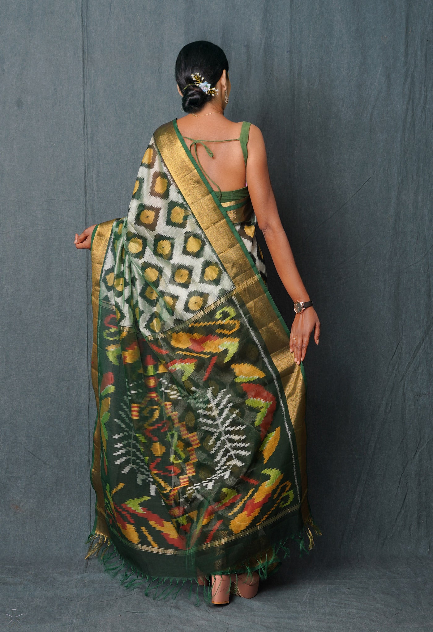 Green Pure Handloom Ikat Pochampally Sico Saree