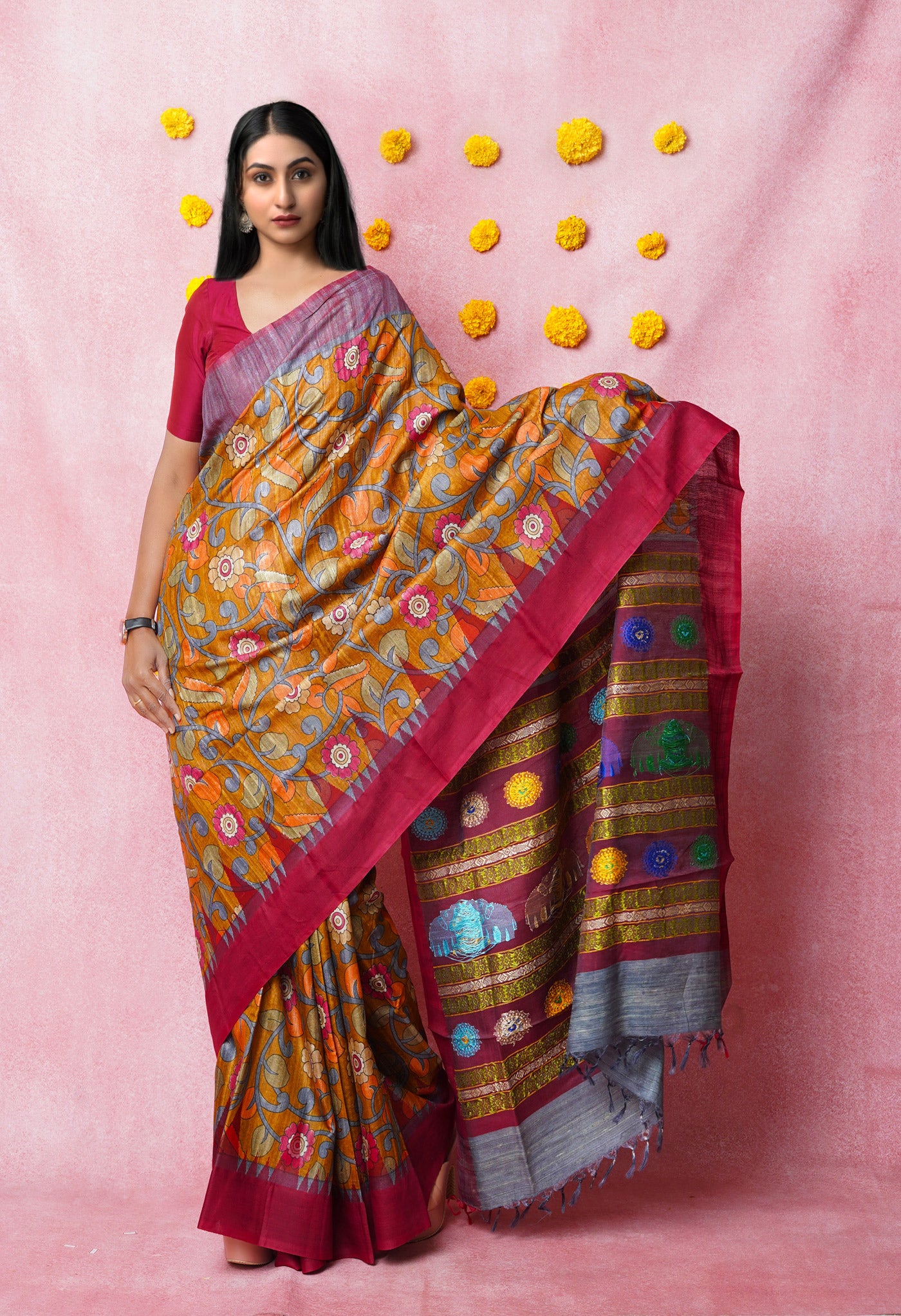 Yellow Kalamkari Printed On Pure Handloom Tussar Silk Saree