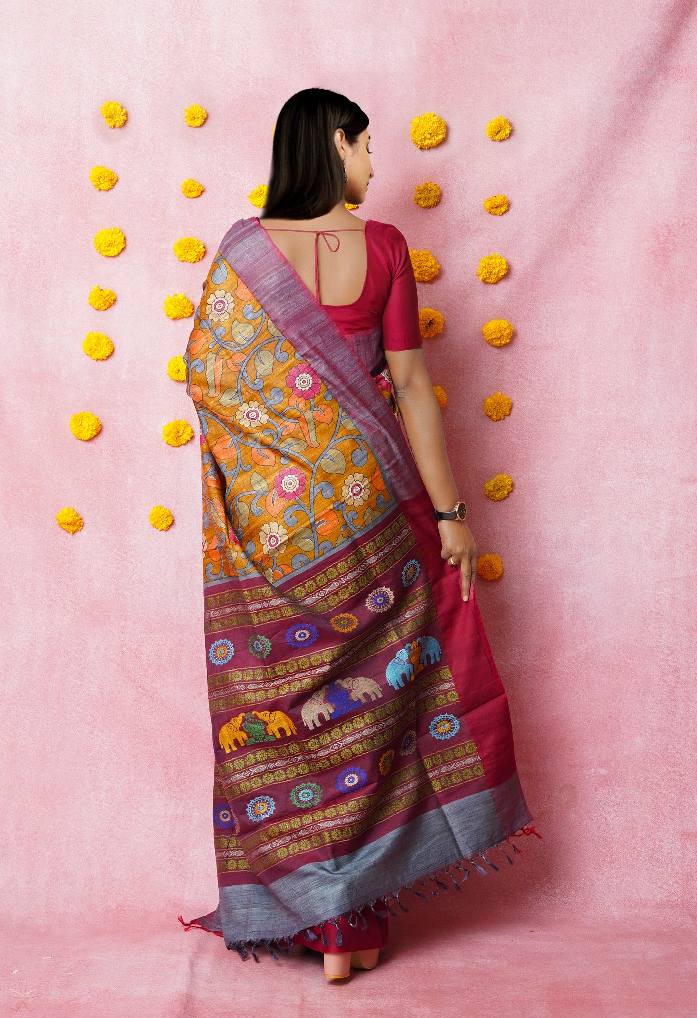 Yellow Kalamkari Printed On Pure Handloom Tussar Silk Saree