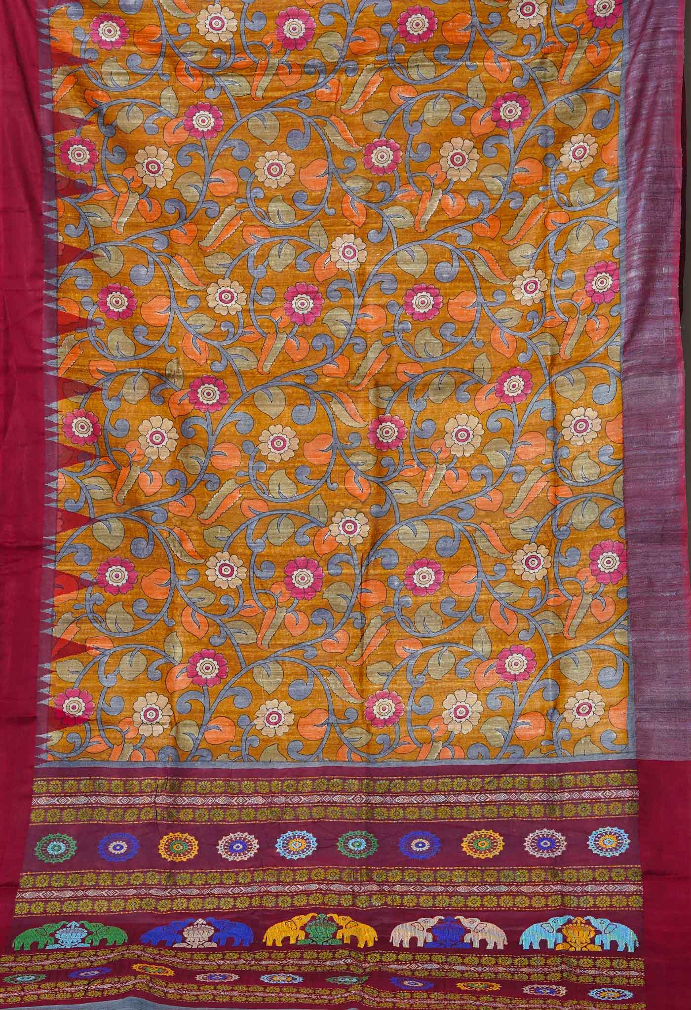 Yellow Kalamkari Printed On Pure Handloom Tussar Silk Saree