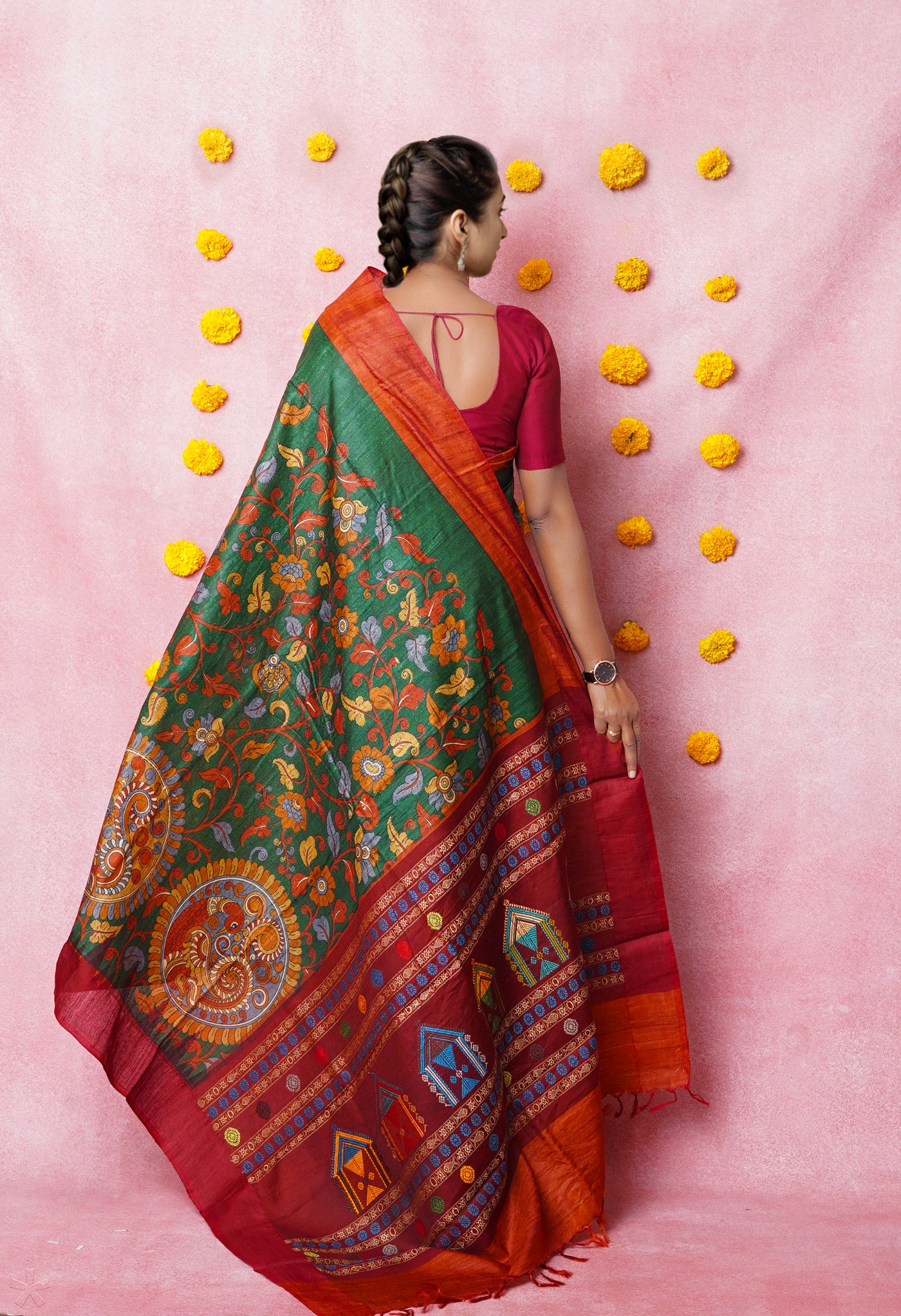 Green Kalamkari Printed On Pure Handloom Tussar Silk Saree