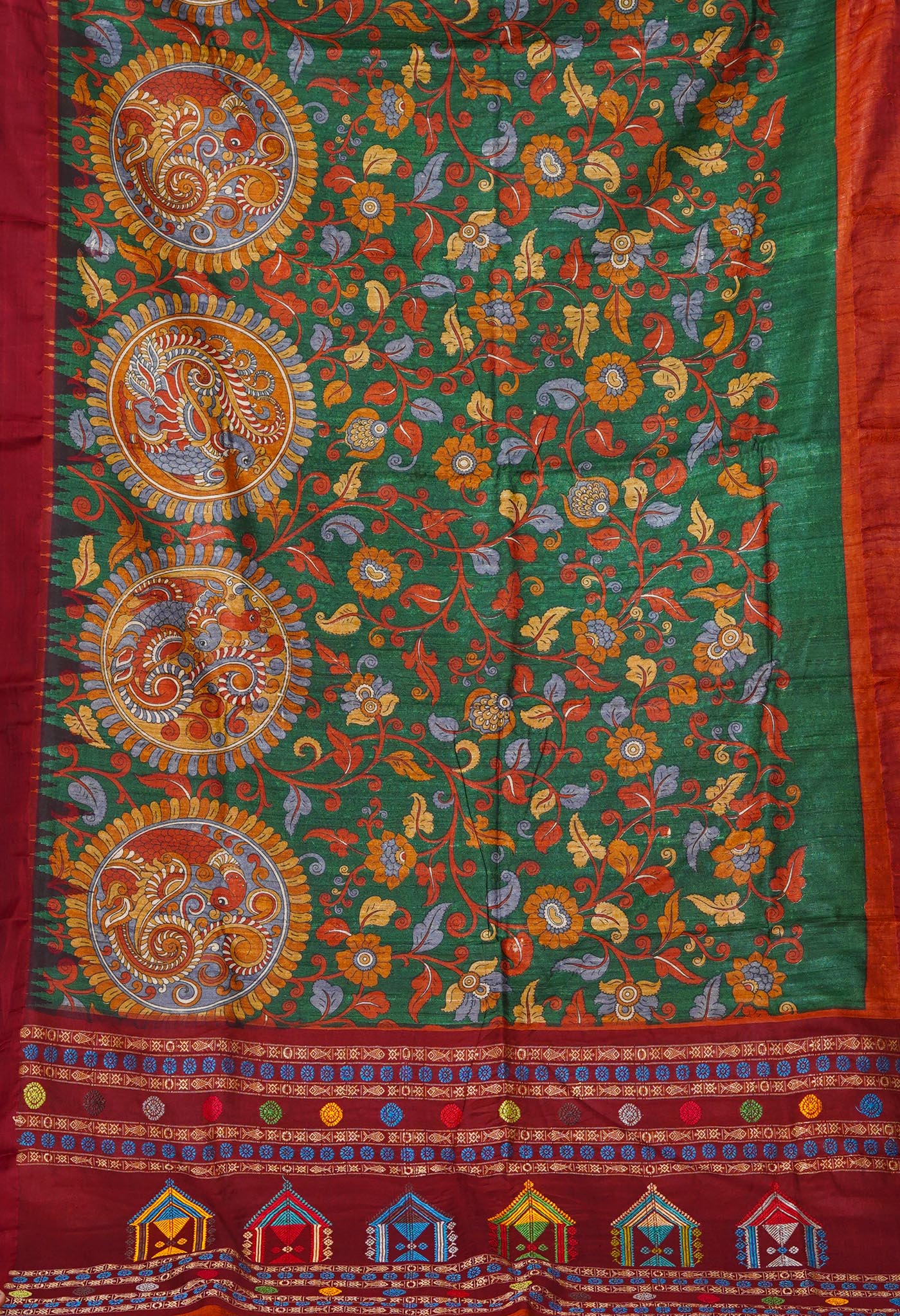 Green Kalamkari Printed On Pure Handloom Tussar Silk Saree