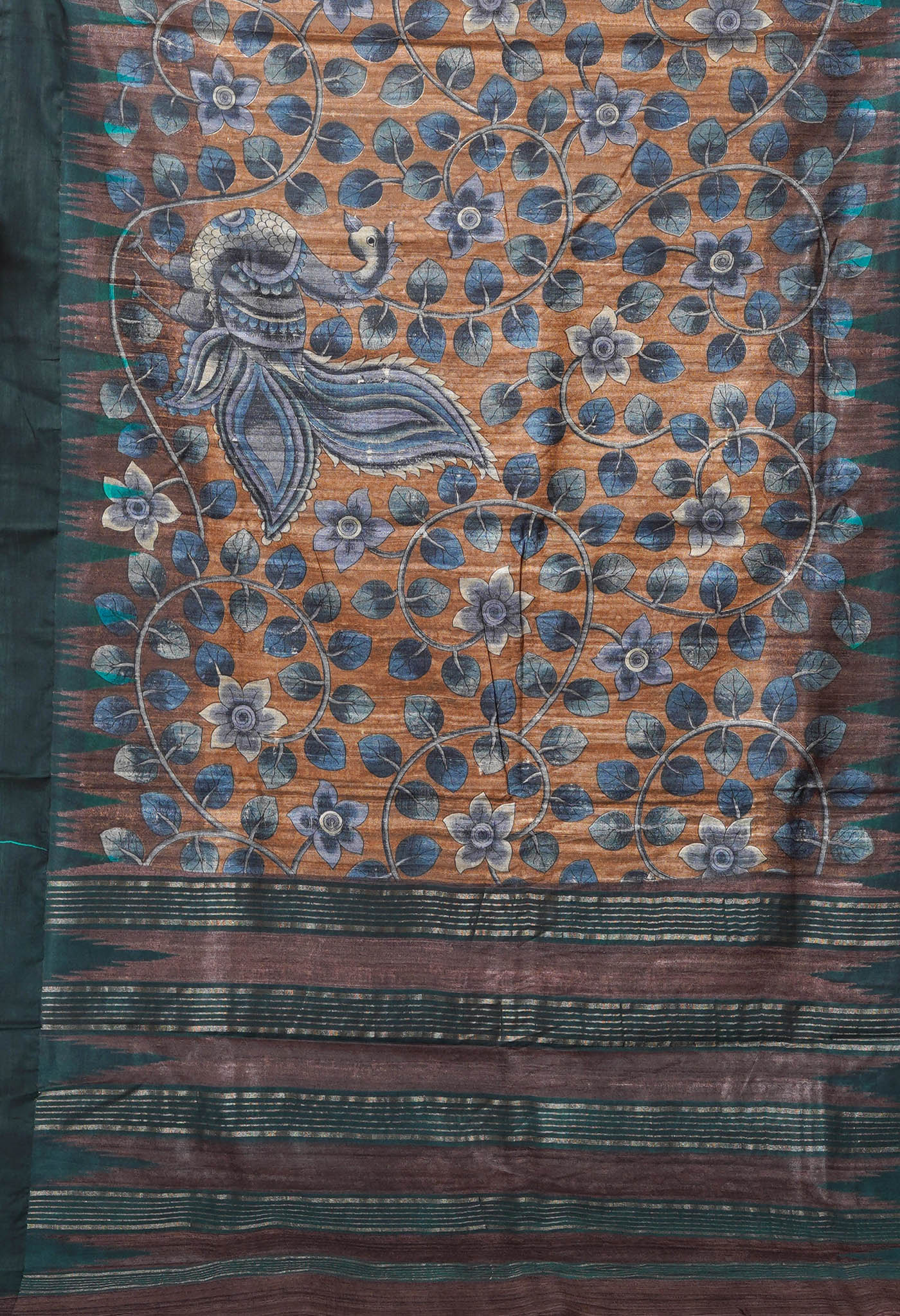 Cream Kalamkari Printed On Pure Handloom Tussar Silk Saree