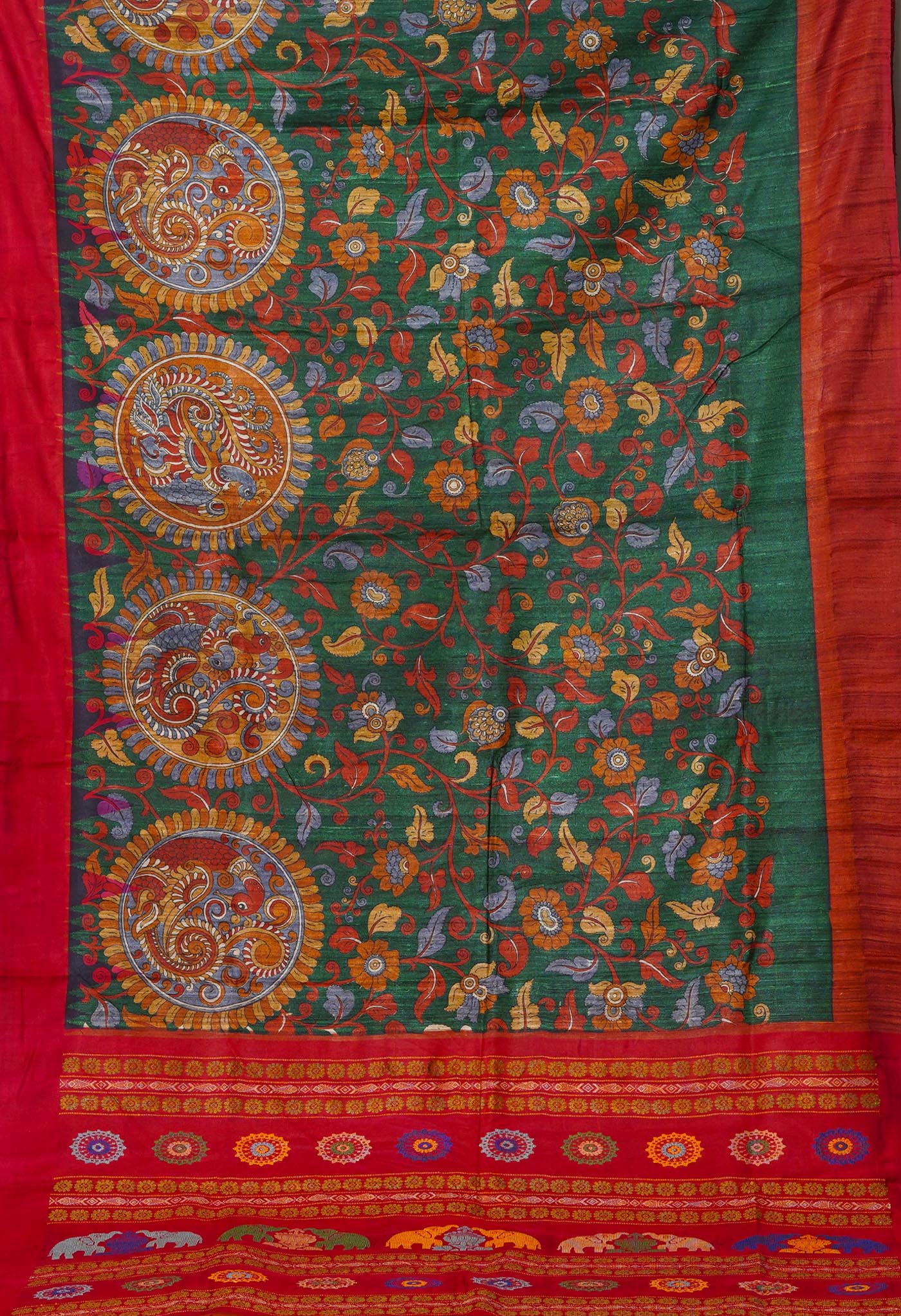 Green Kalamkari Printed On Pure Handloom Tussar Silk Saree