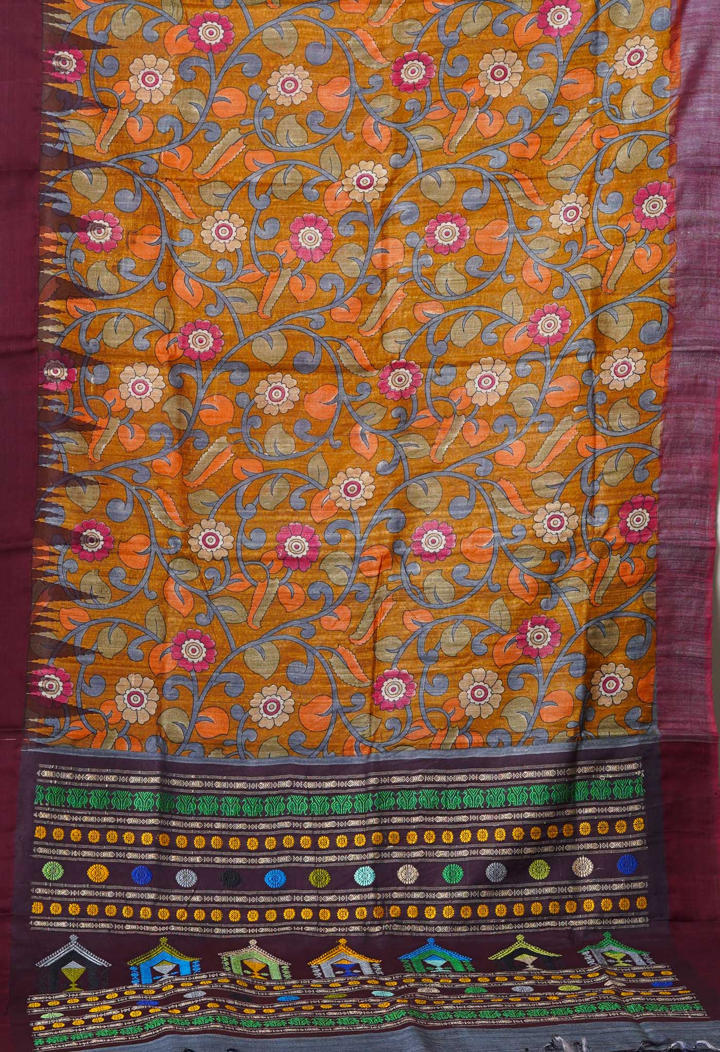 Yellow Kalamkari Printed On Pure Handloom Tussar Silk Saree