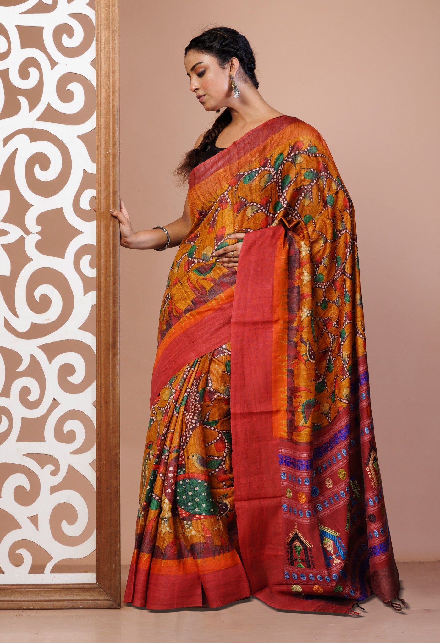 Yellow Kalamkari Printed On Pure Handloom Tussar Silk Saree-UNM76042