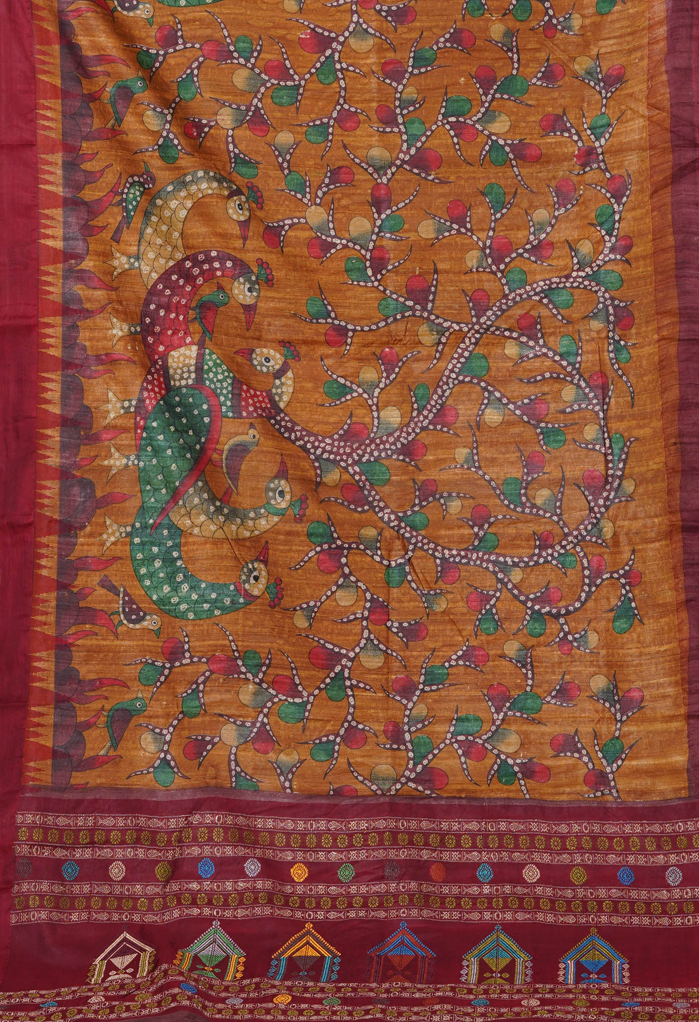 Yellow Kalamkari Printed On Pure Handloom Tussar Silk Saree