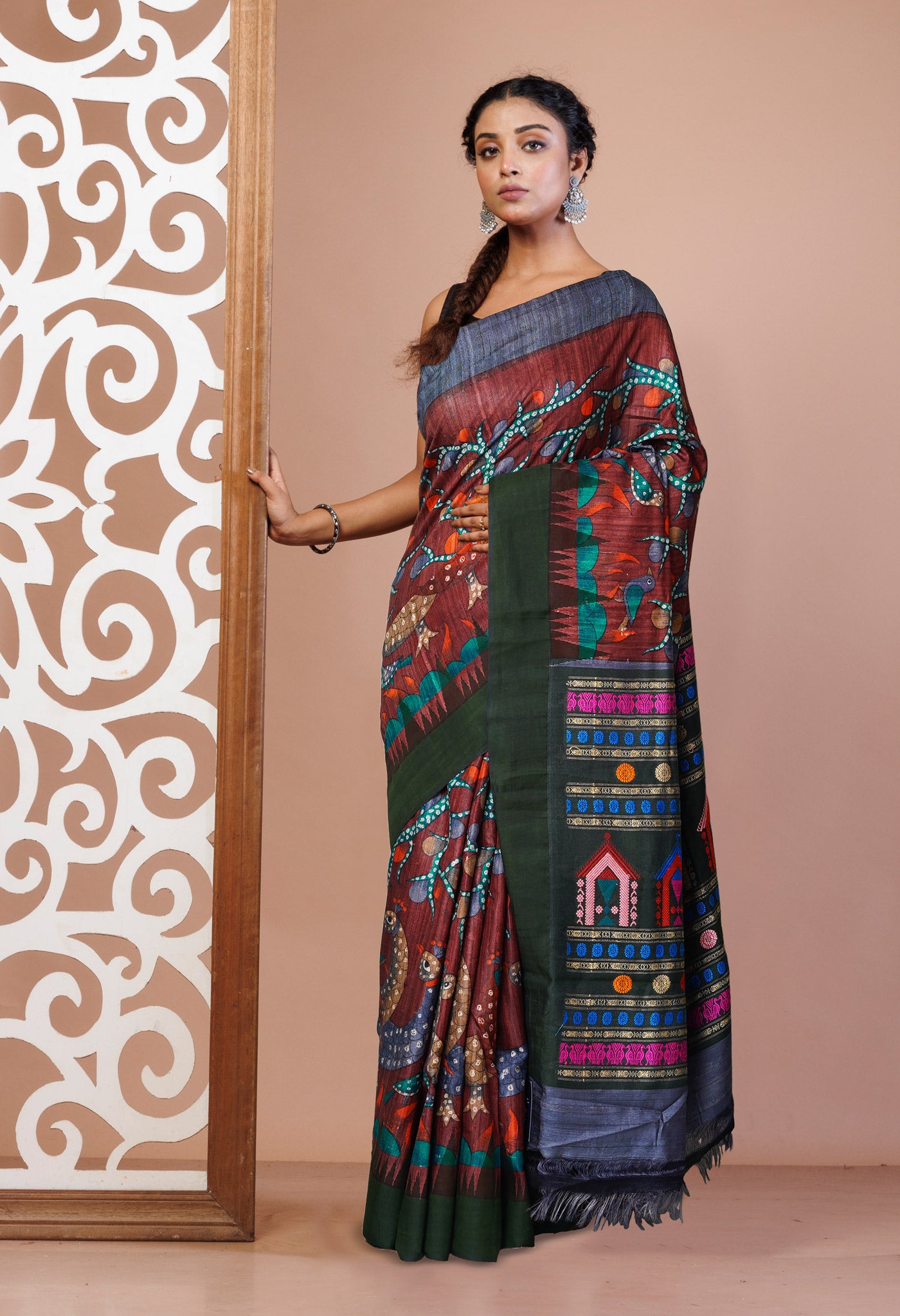 Burgundy Kalamkari Printed On Pure Handloom Tussar Silk Saree-UNM76043