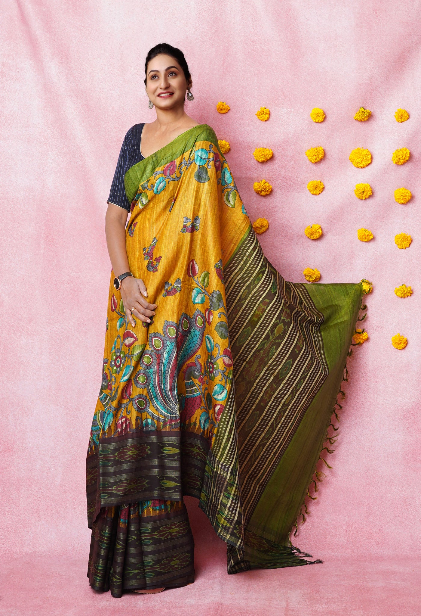 Yellow Kalamkari Printed On Pure Handloom Tussar Silk Saree