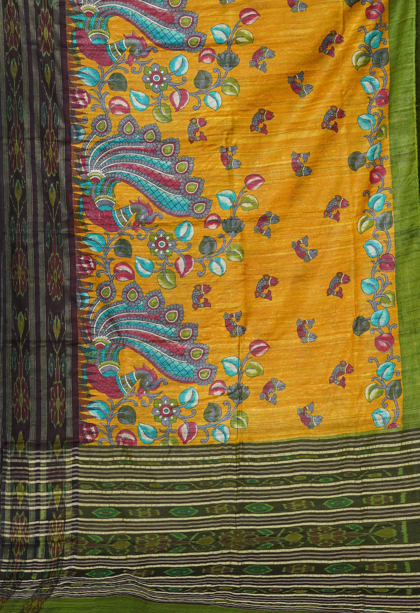 Yellow Kalamkari Printed On Pure Handloom Tussar Silk Saree