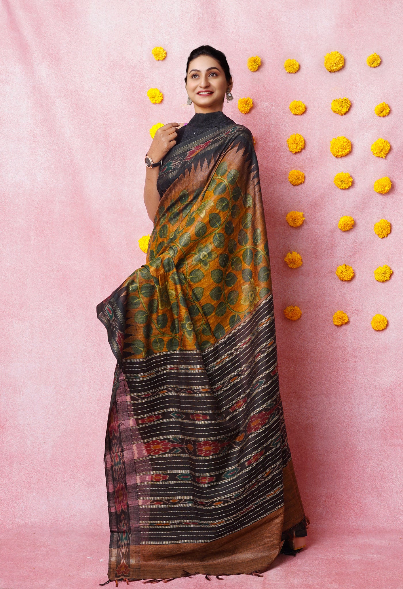 Brown Kalamkari Printed On Pure Handloom Tussar Silk Saree