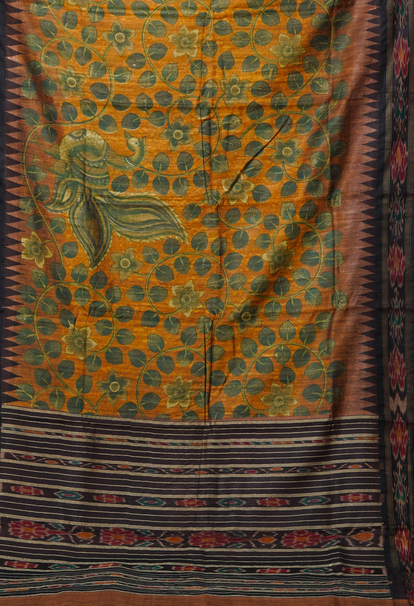 Brown Kalamkari Printed On Pure Handloom Tussar Silk Saree