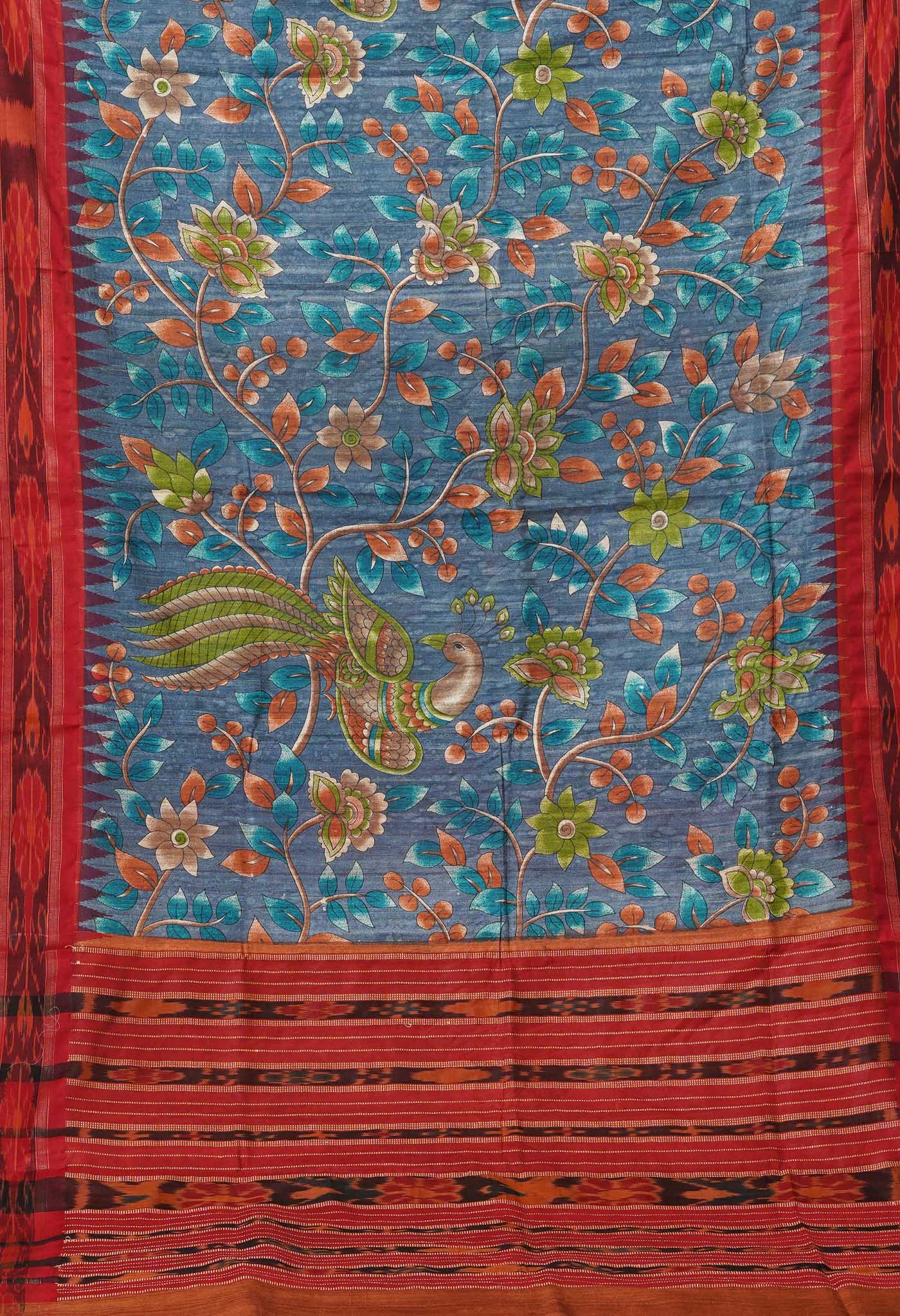 Blue Kalamkari Printed On Pure Handloom Tussar Silk Saree