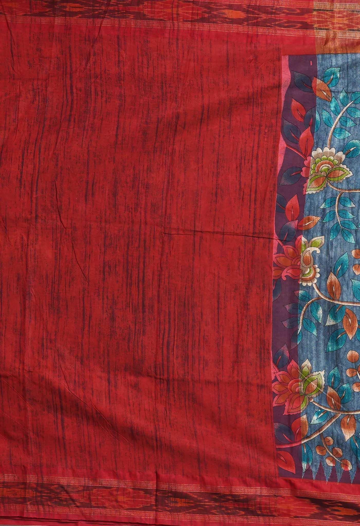 Blue Kalamkari Printed On Pure Handloom Tussar Silk Saree