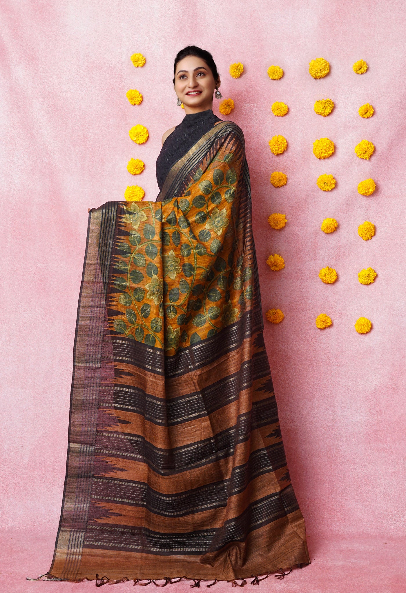 Brown Kalamkari Printed On Pure Handloom Tussar Silk Saree