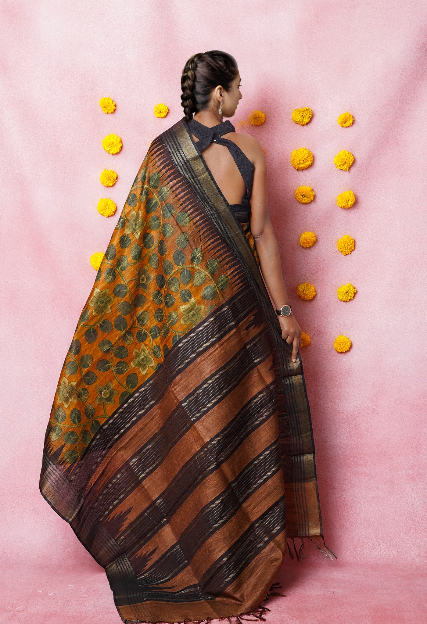 Brown Kalamkari Printed On Pure Handloom Tussar Silk Saree