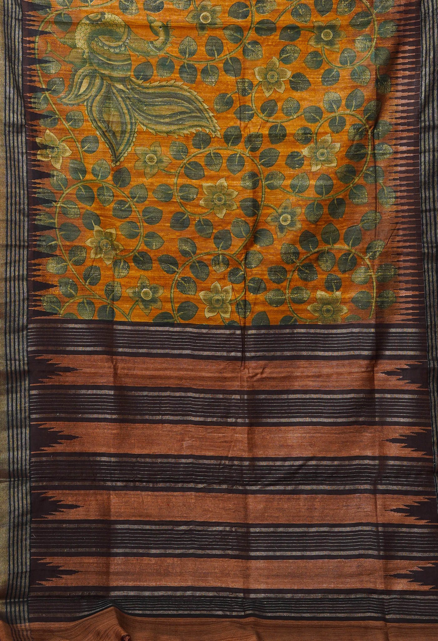 Brown Kalamkari Printed On Pure Handloom Tussar Silk Saree