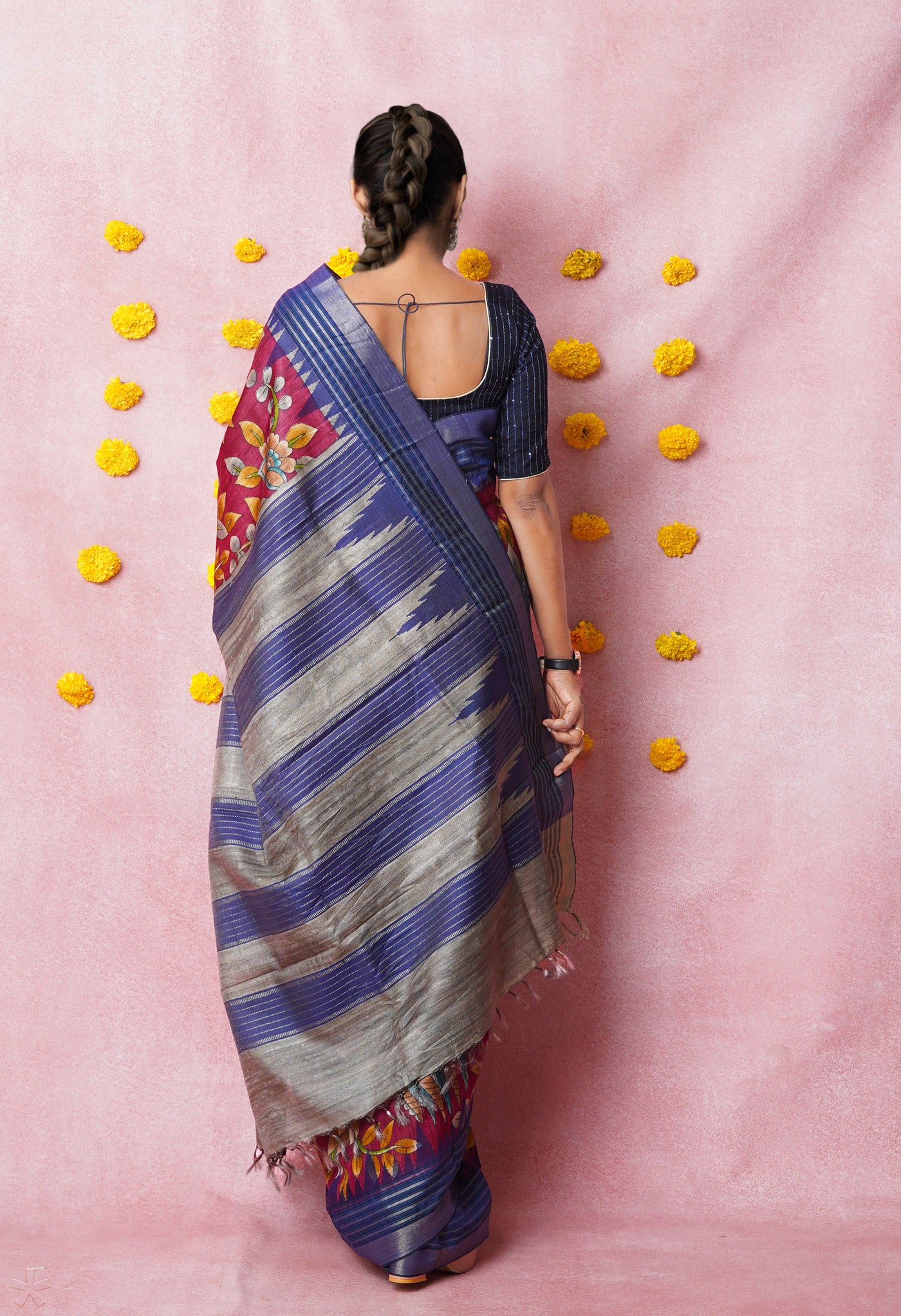 Pink Kalamkari Printed On Pure Handloom Tussar Silk Saree