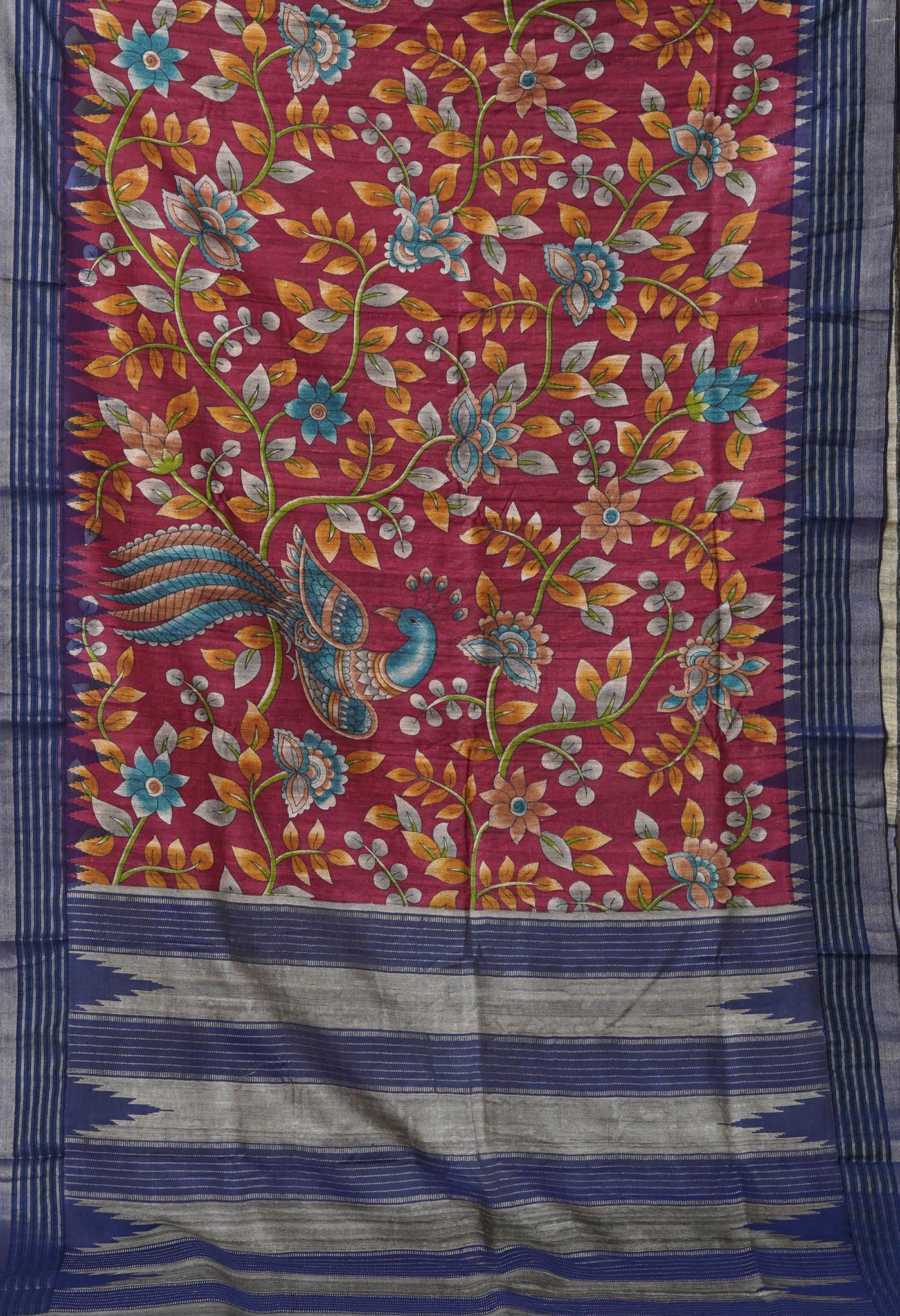 Pink Kalamkari Printed On Pure Handloom Tussar Silk Saree