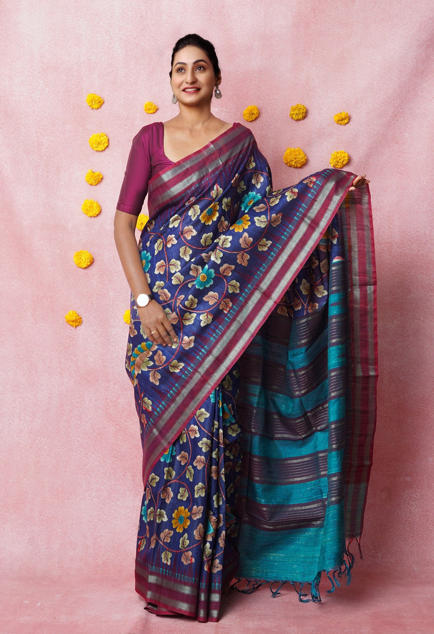 Navy Blue Kalamkari Printed On Pure Handloom Tussar Silk Saree