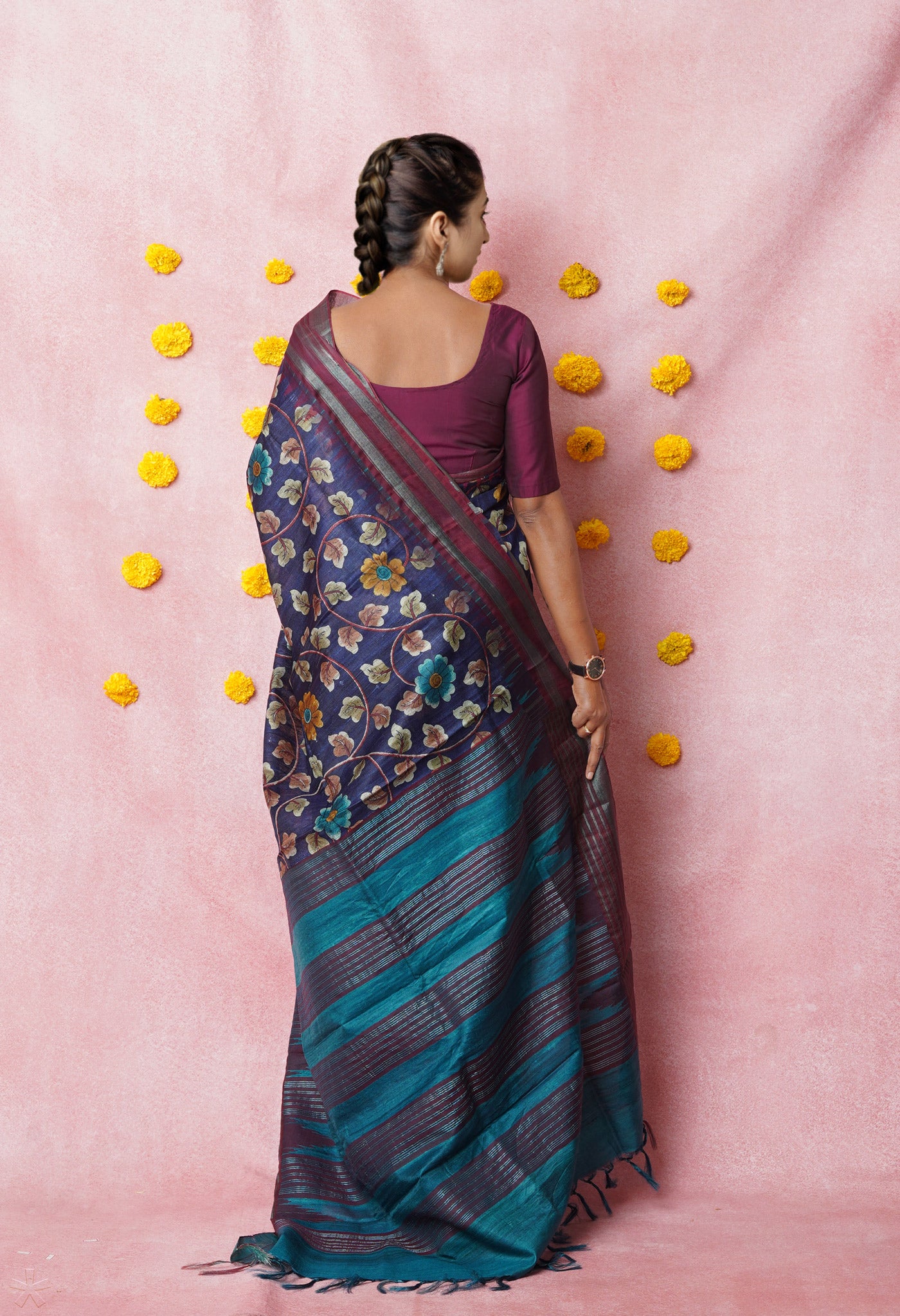 Navy Blue Kalamkari Printed On Pure Handloom Tussar Silk Saree