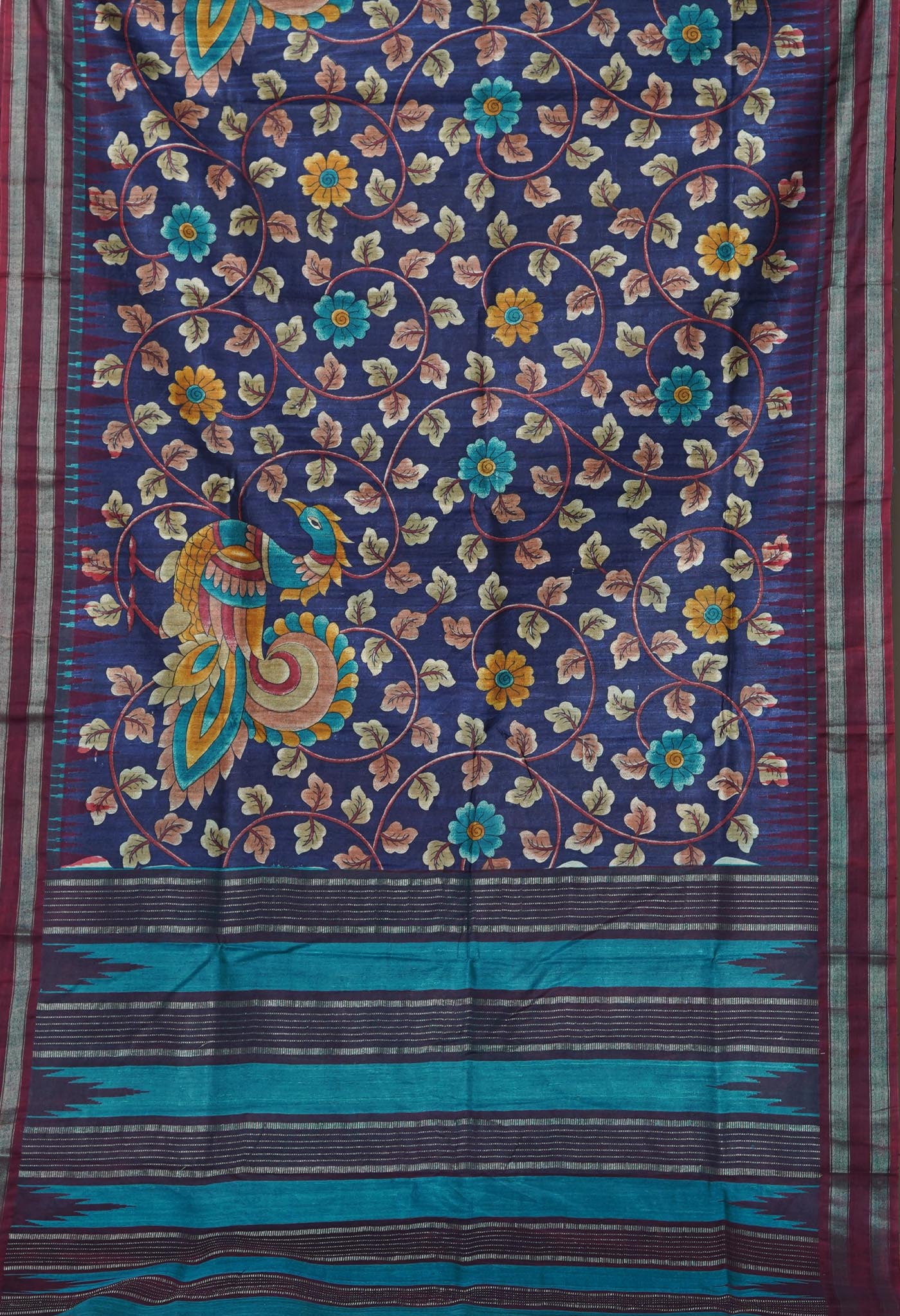 Navy Blue Kalamkari Printed On Pure Handloom Tussar Silk Saree