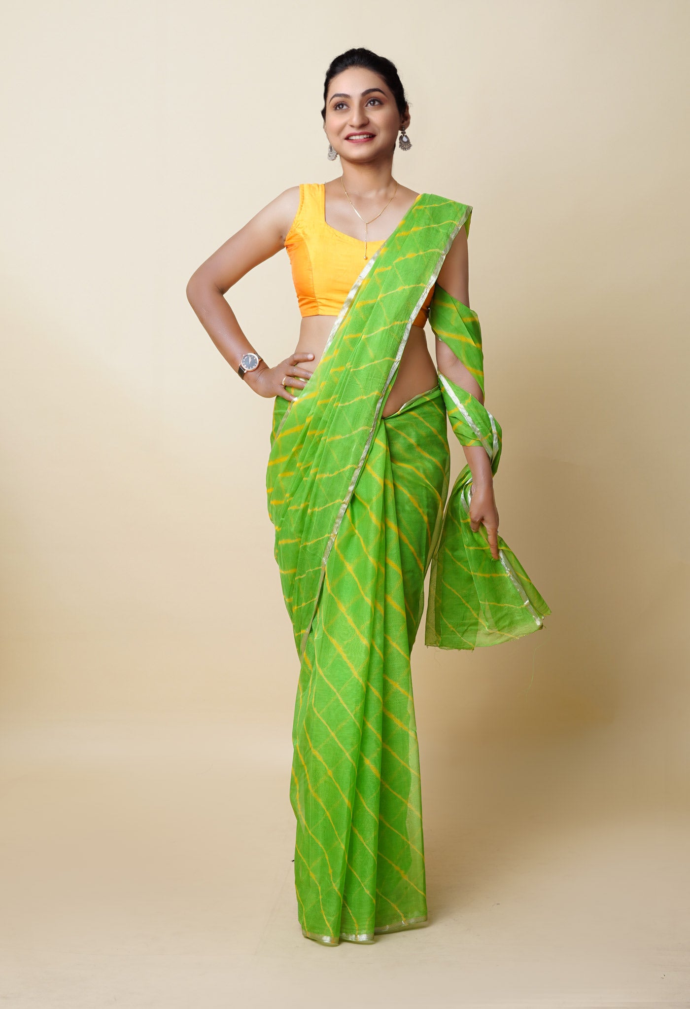 Parrot Green Tie And Dye Shibori Chiffon Saree