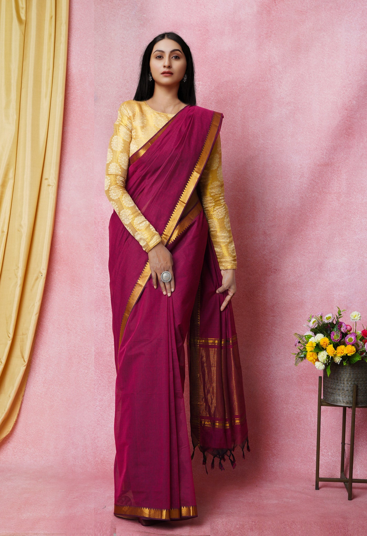 Dark Pink Pure Handloom Mangalagiri Cotton Saree