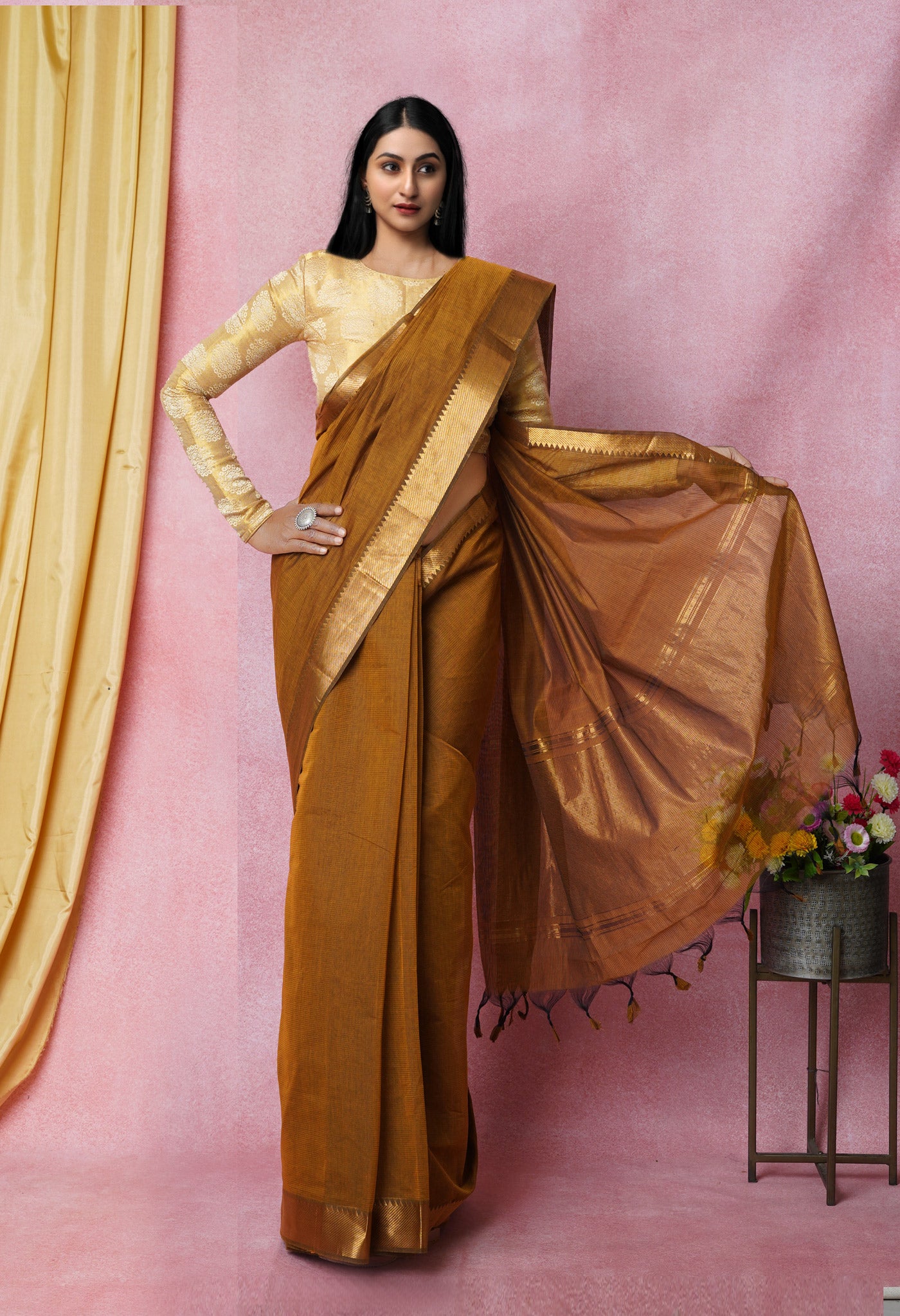 Brown Pure Handloom Mangalagiri Cotton Saree