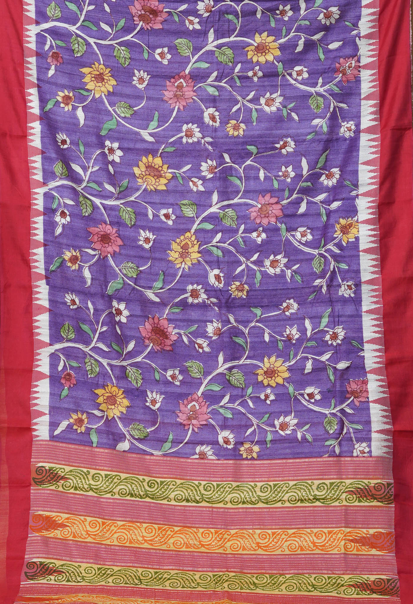 Purple Handpainted Kalamkari On Pure Handloom Tussar Silk Saree