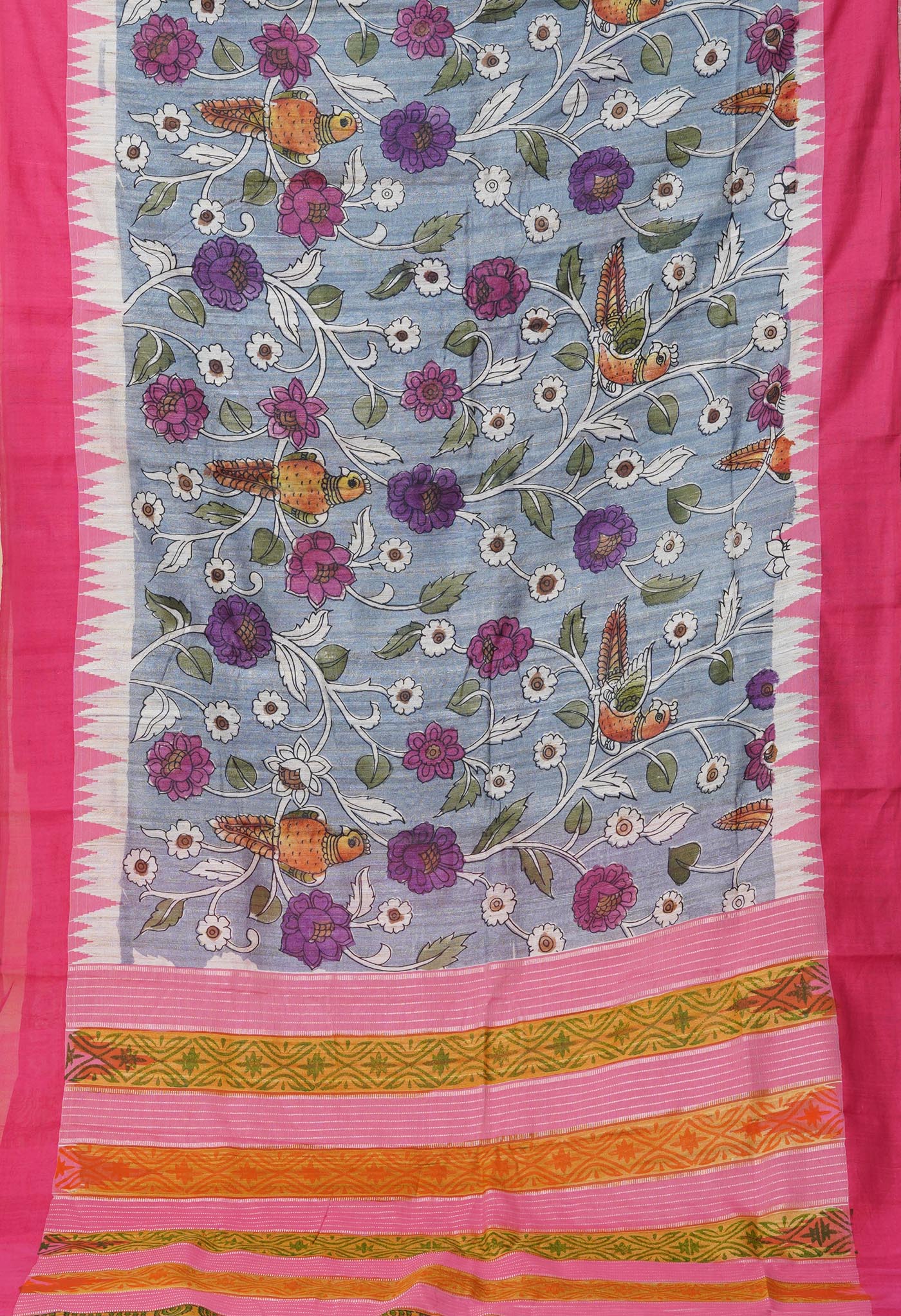 Grey Handpainted Kalamkari On Pure Handloom Tussar Silk Saree