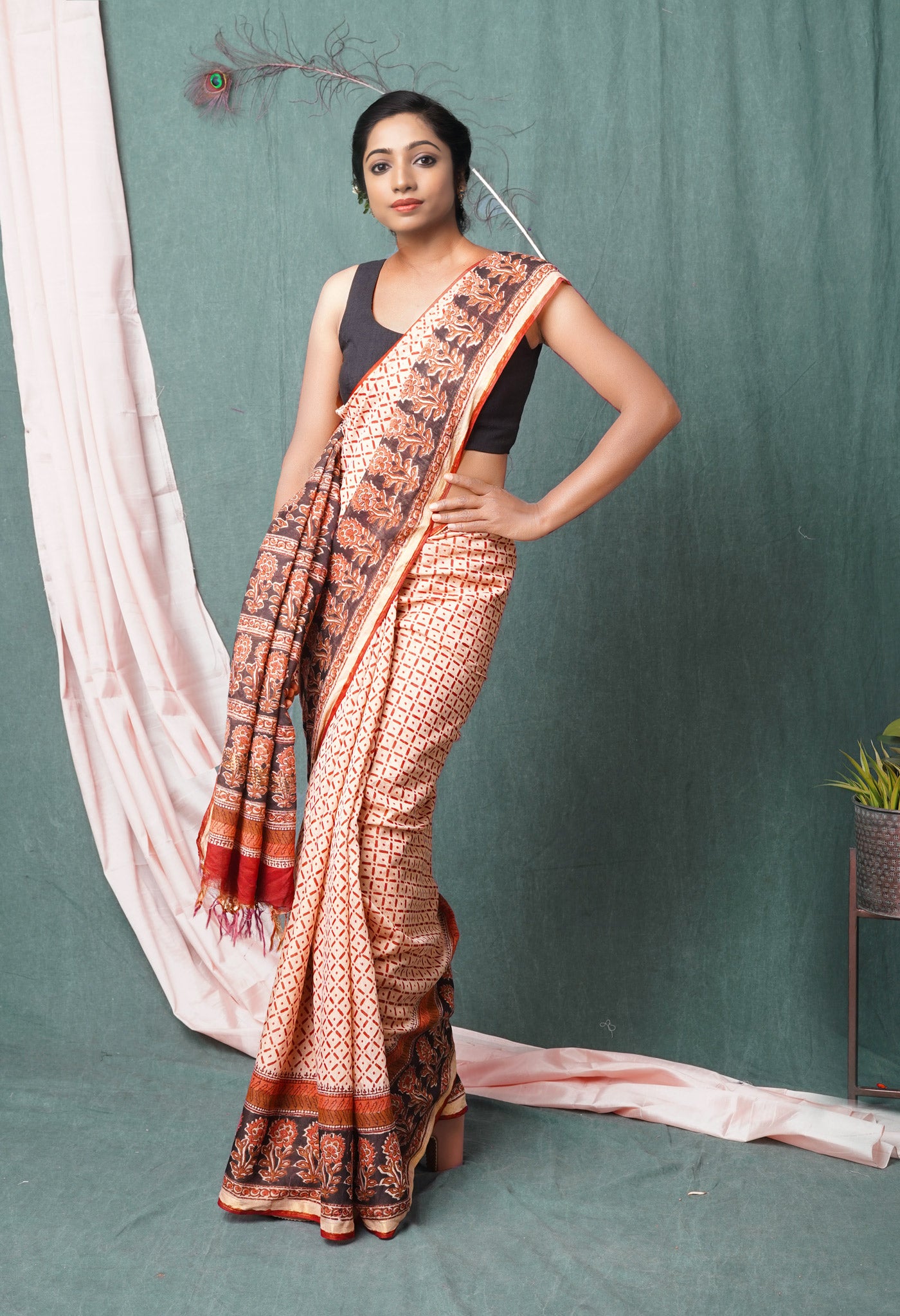 Beige Pure Traditional Bagru Printed Pashmina Chanderi Sico Saree