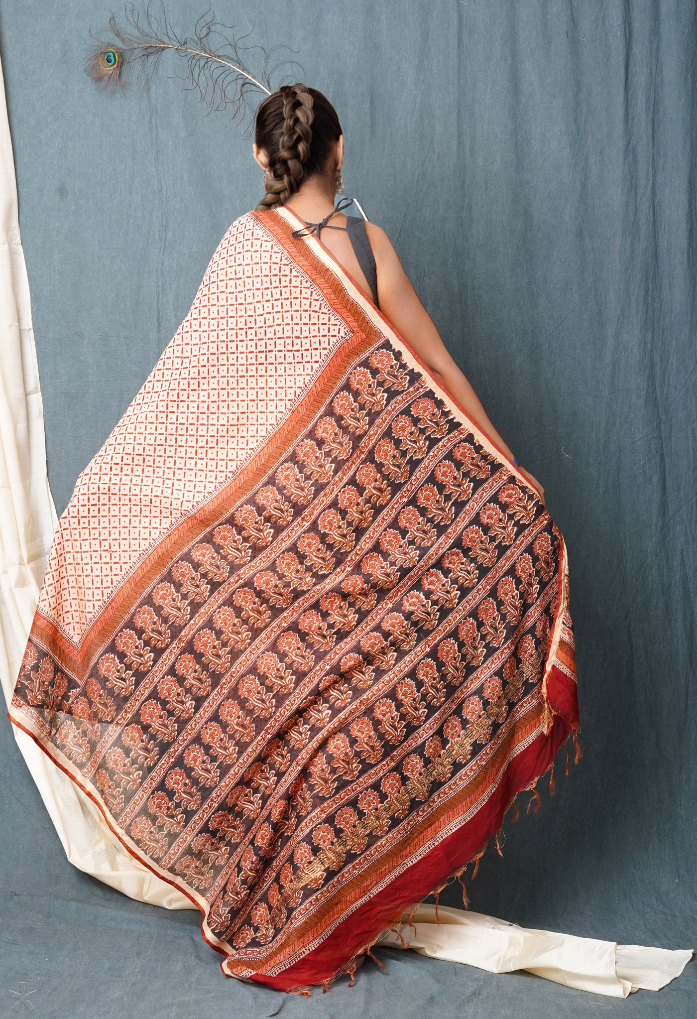 Beige Pure Traditional Bagru Printed Pashmina Chanderi Sico Saree