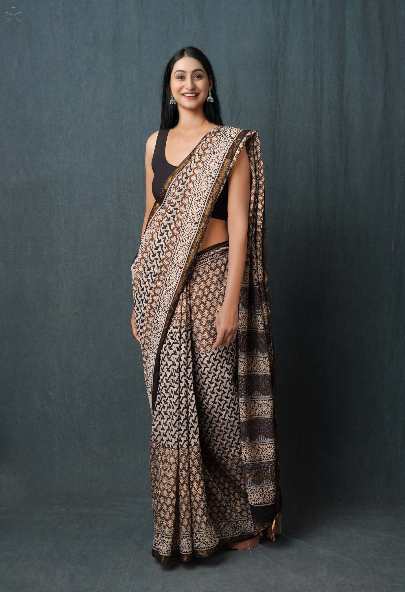 Grey Pure Traditional Bagru Printed Pashmina Chanderi Sico Saree