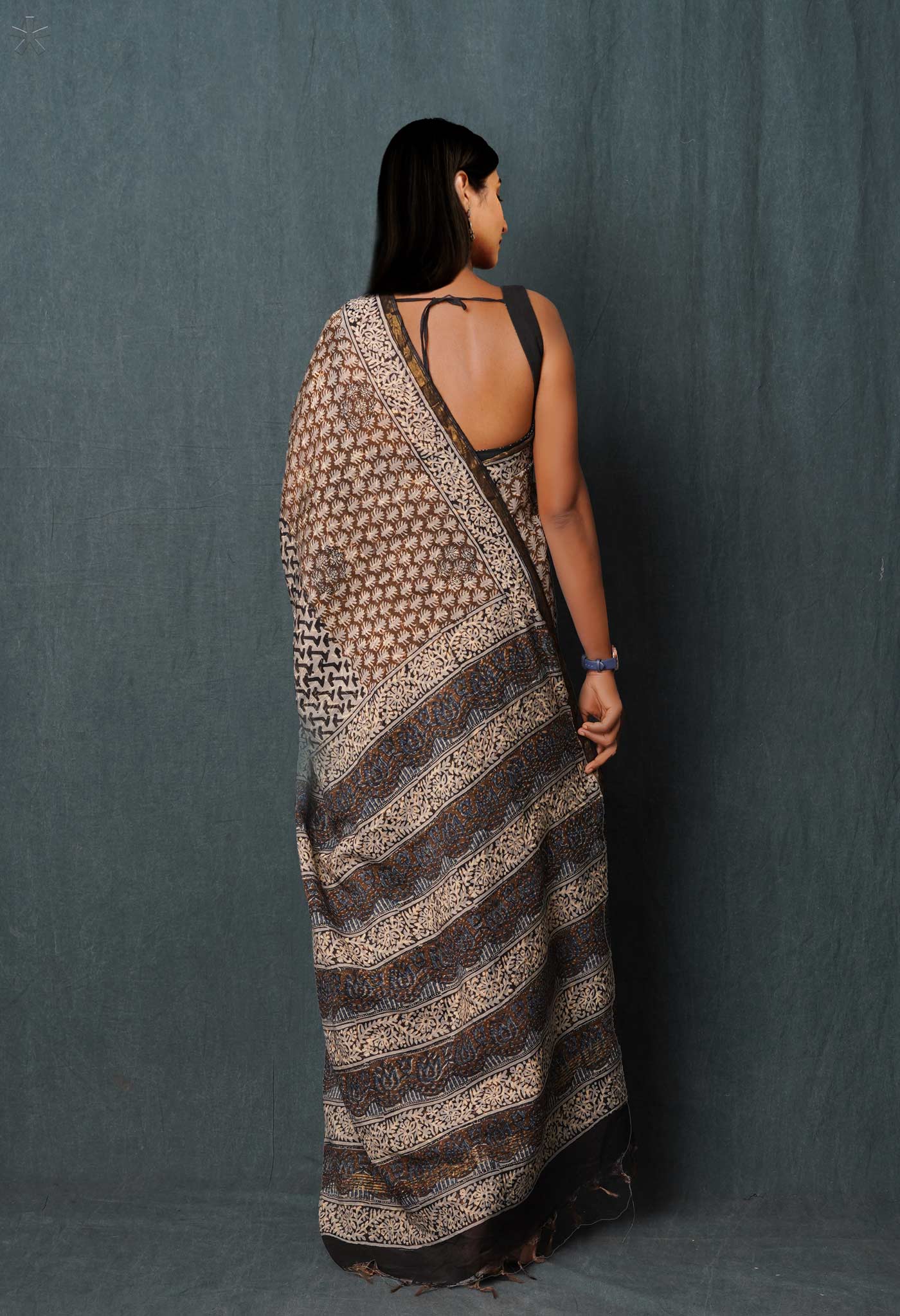 Grey Pure Traditional Bagru Printed Pashmina Chanderi Sico Saree