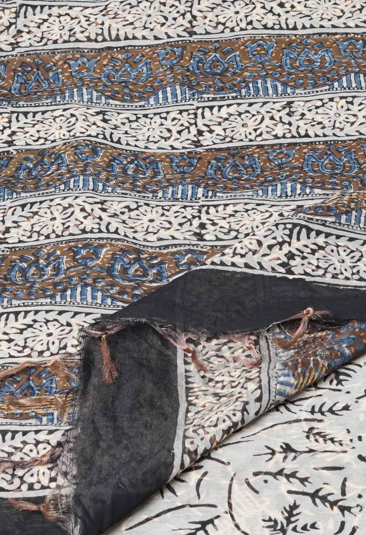 Grey Pure Traditional Bagru Printed Pashmina Chanderi Sico Saree