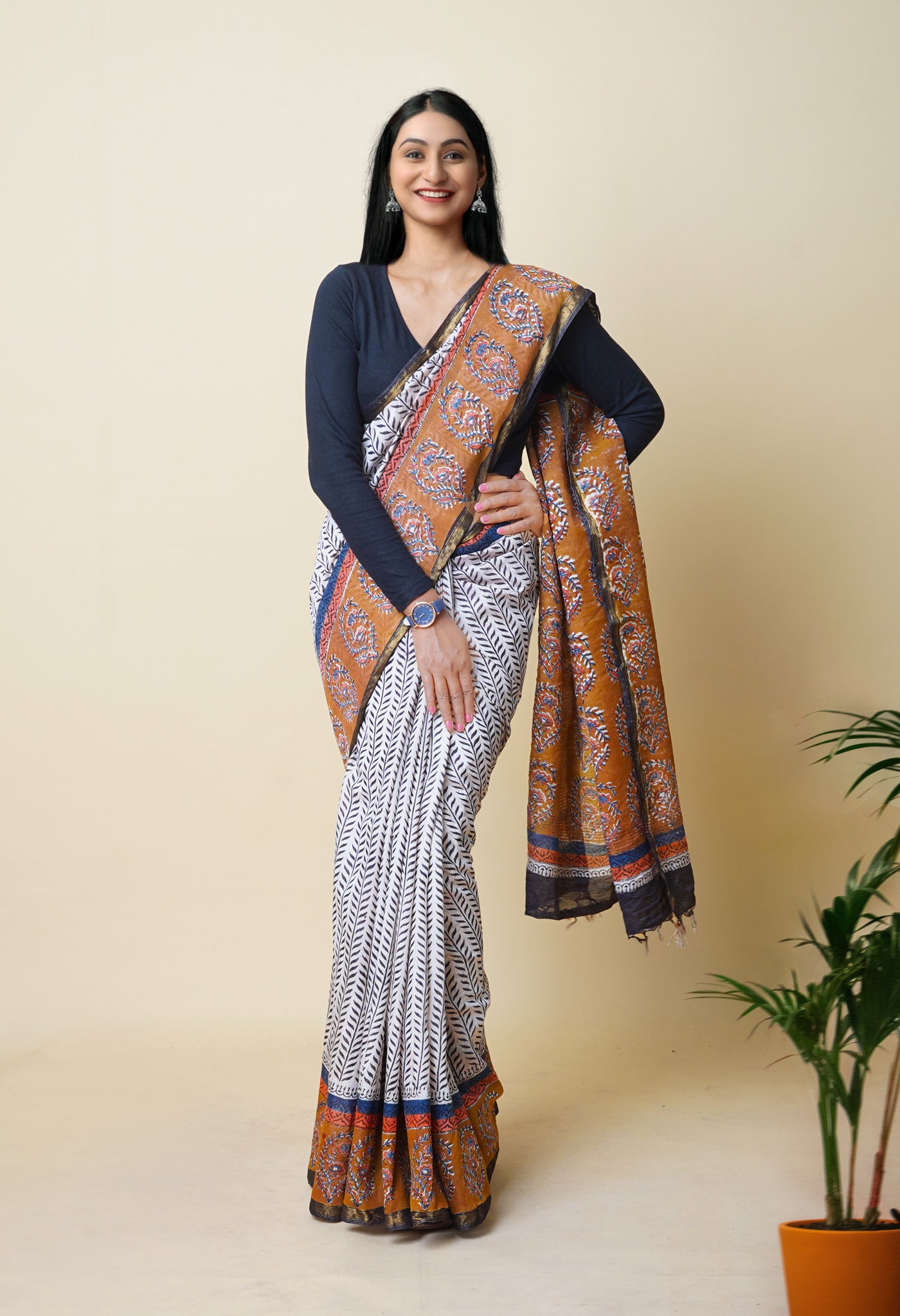 White Pure Traditional Bagru Printed Pashmina Chanderi Sico Saree
