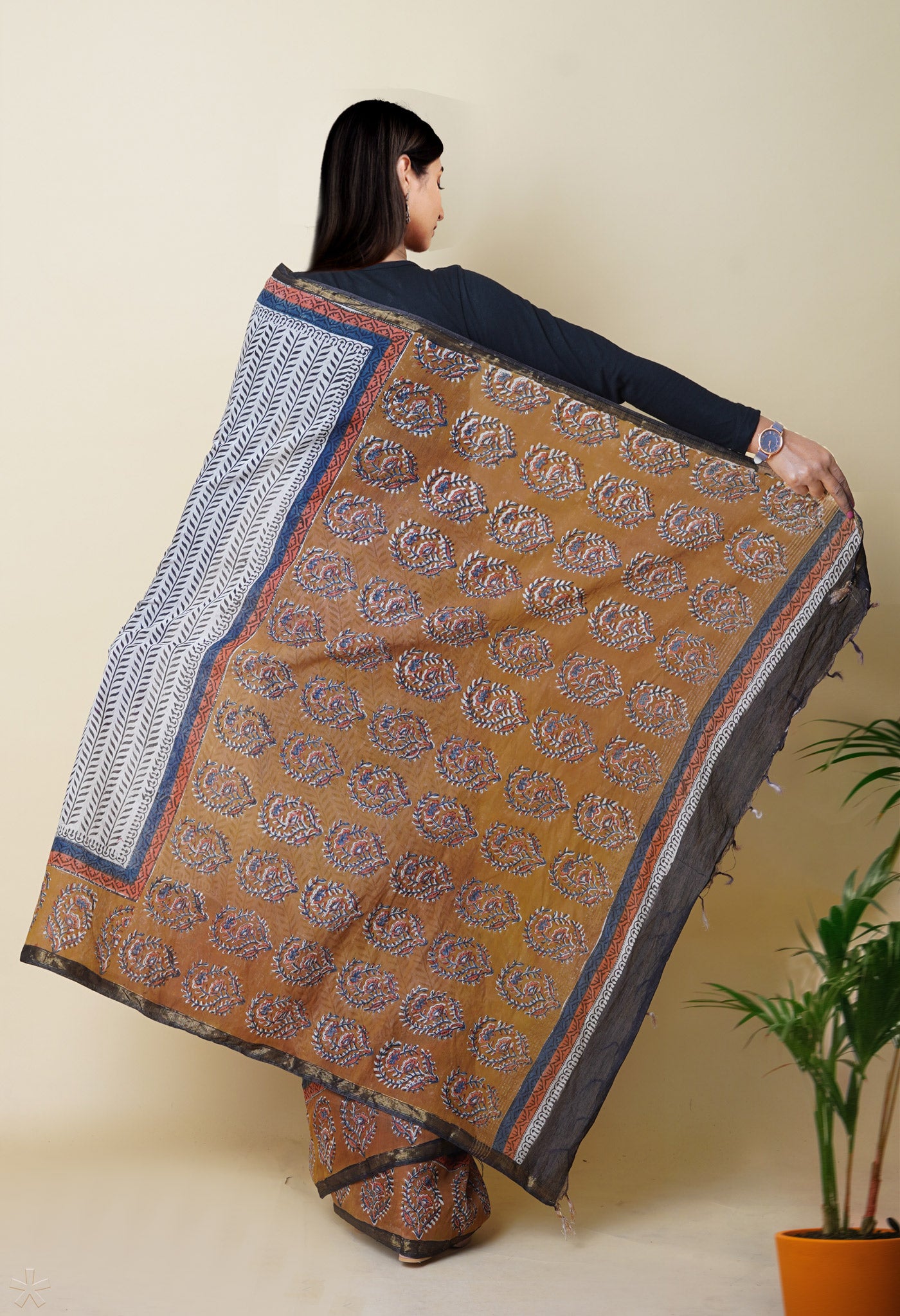 White Pure Traditional Bagru Printed Pashmina Chanderi Sico Saree