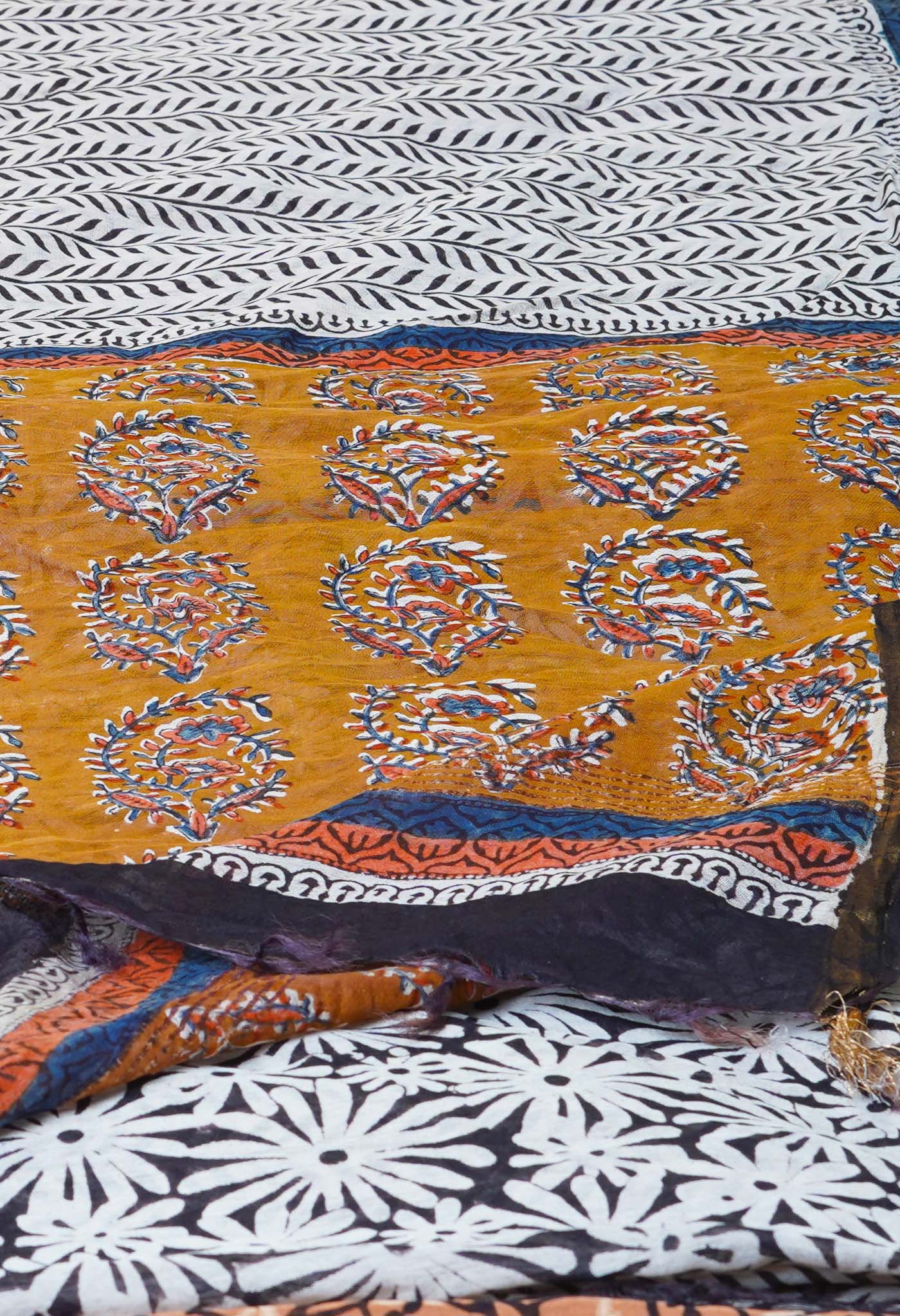 White Pure Traditional Bagru Printed Pashmina Chanderi Sico Saree