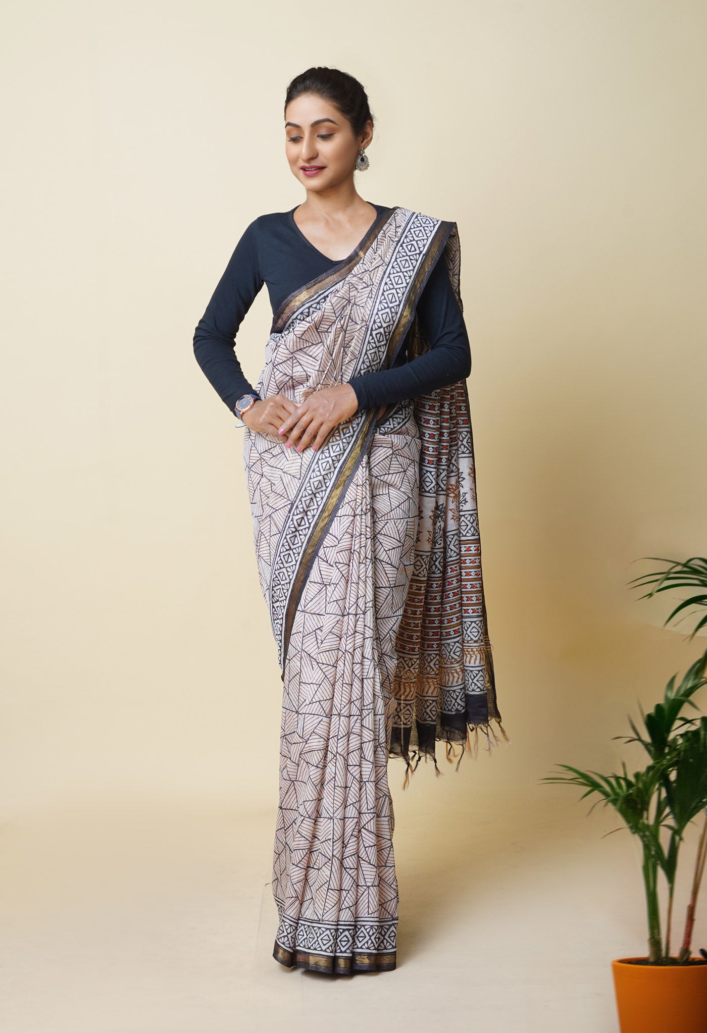 Cream Pure Traditional Bagru Printed Pashmina Chanderi Sico Saree