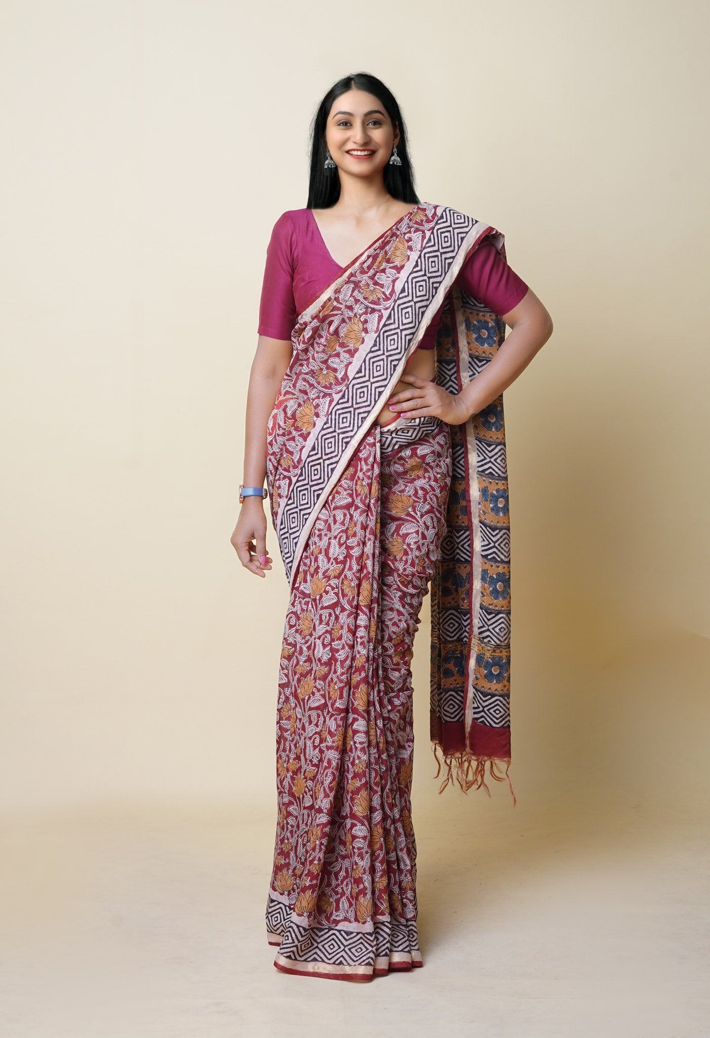 Red Pure Bagru Printed Pashmina Chanderi Sico Saree