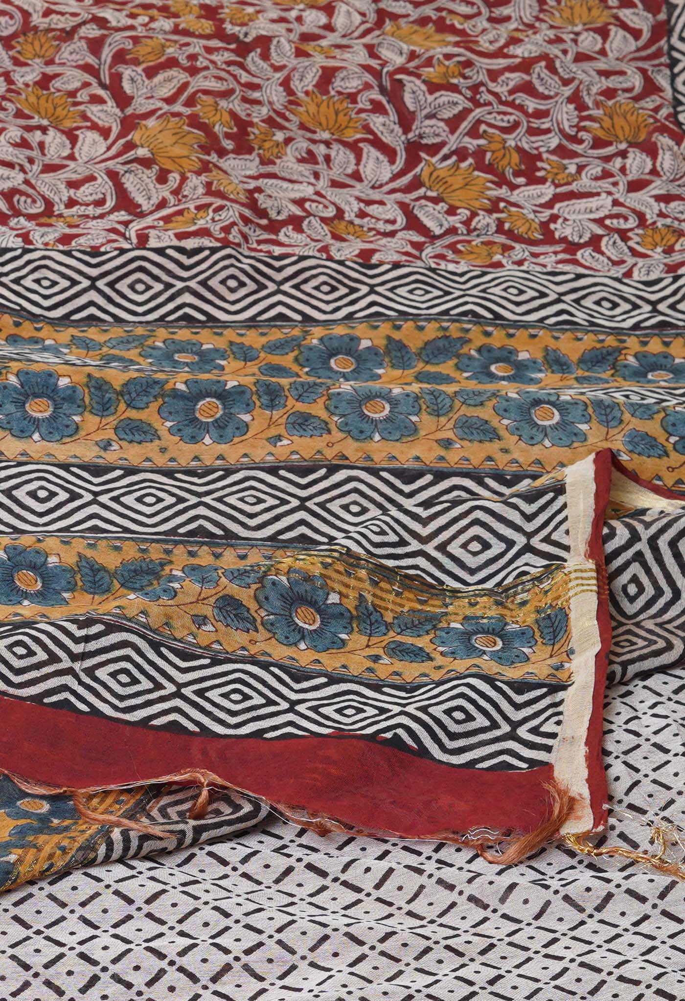 Red Pure Bagru Printed Pashmina Chanderi Sico Saree