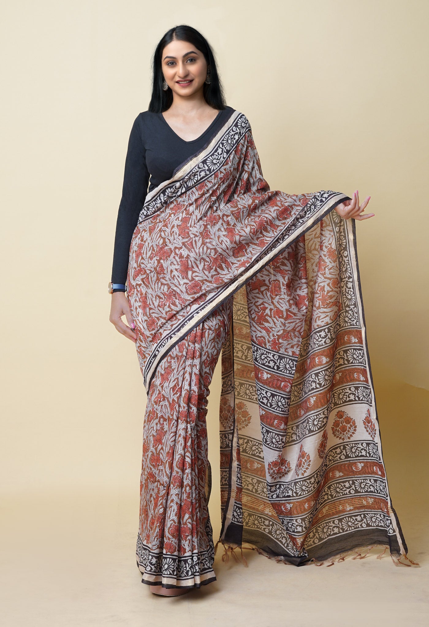 Brown Pure Bagru Printed Pashmina Chanderi Sico Saree