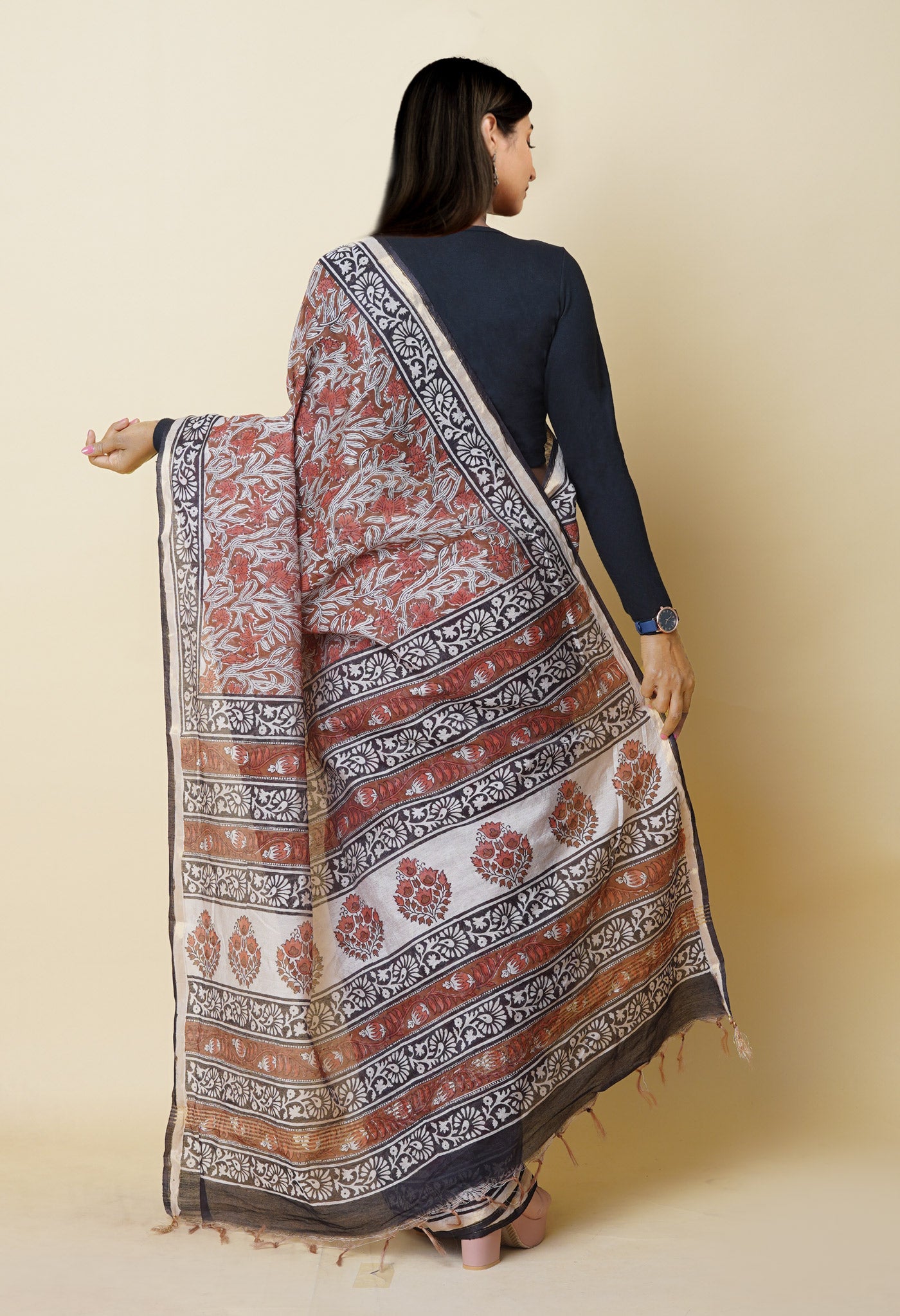 Brown Pure Bagru Printed Pashmina Chanderi Sico Saree