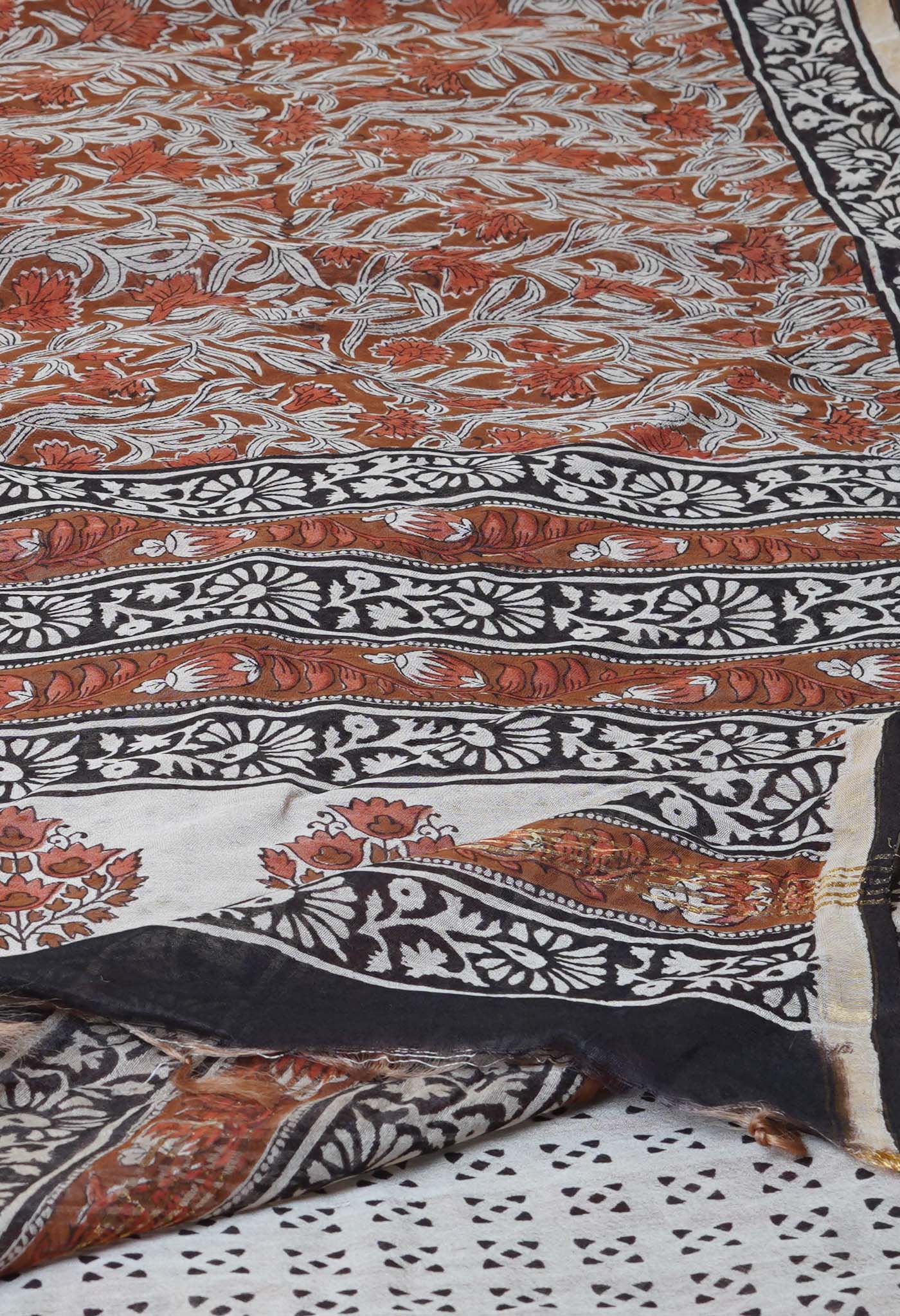 Brown Pure Bagru Printed Pashmina Chanderi Sico Saree