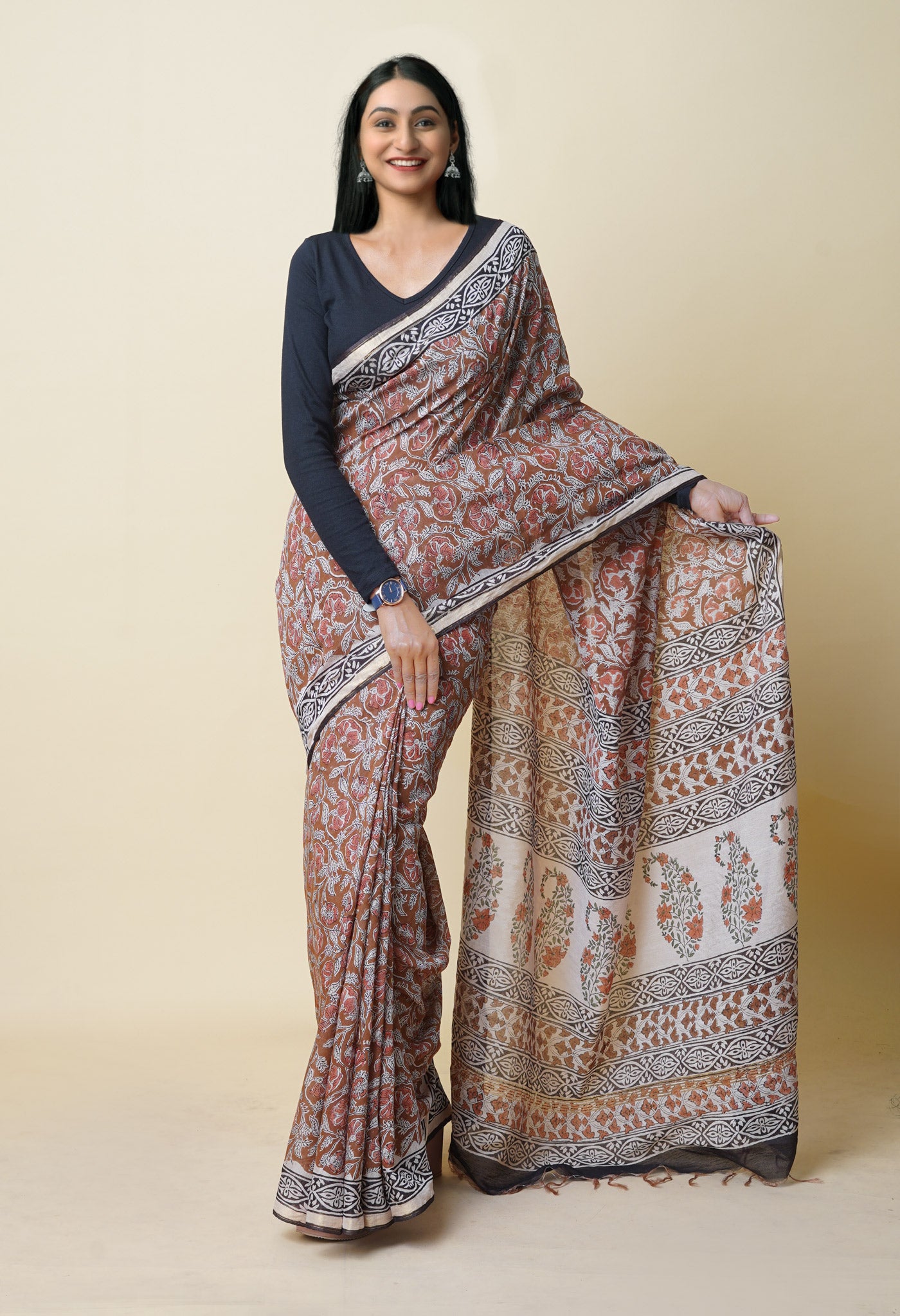 Brown Pure Bagru Printed Pashmina Chanderi Sico Saree