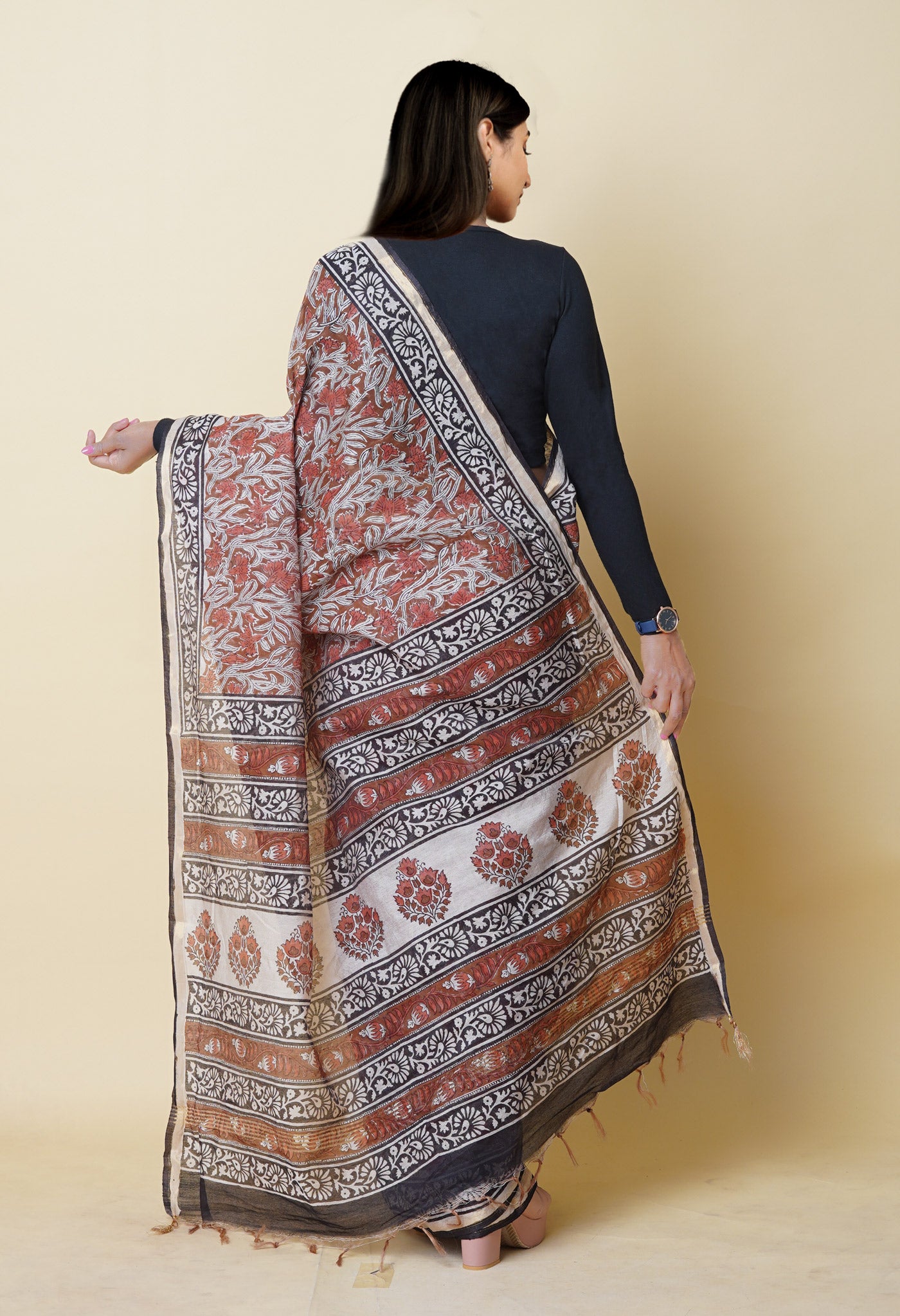 Brown Pure Bagru Printed Pashmina Chanderi Sico Saree
