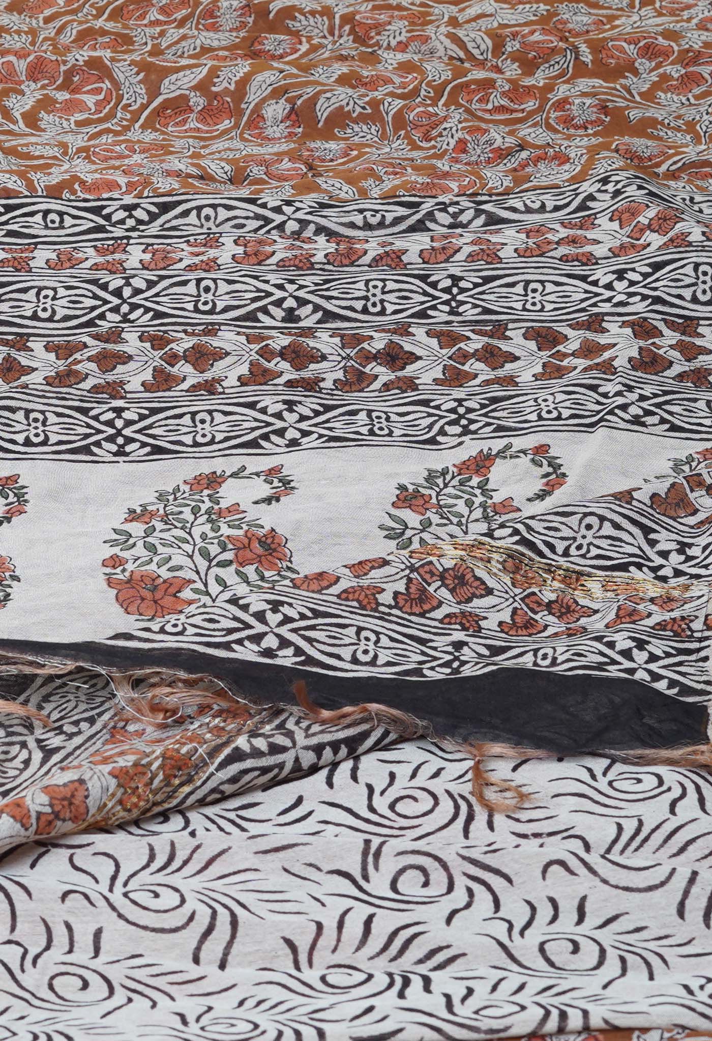 Brown Pure Bagru Printed Pashmina Chanderi Sico Saree