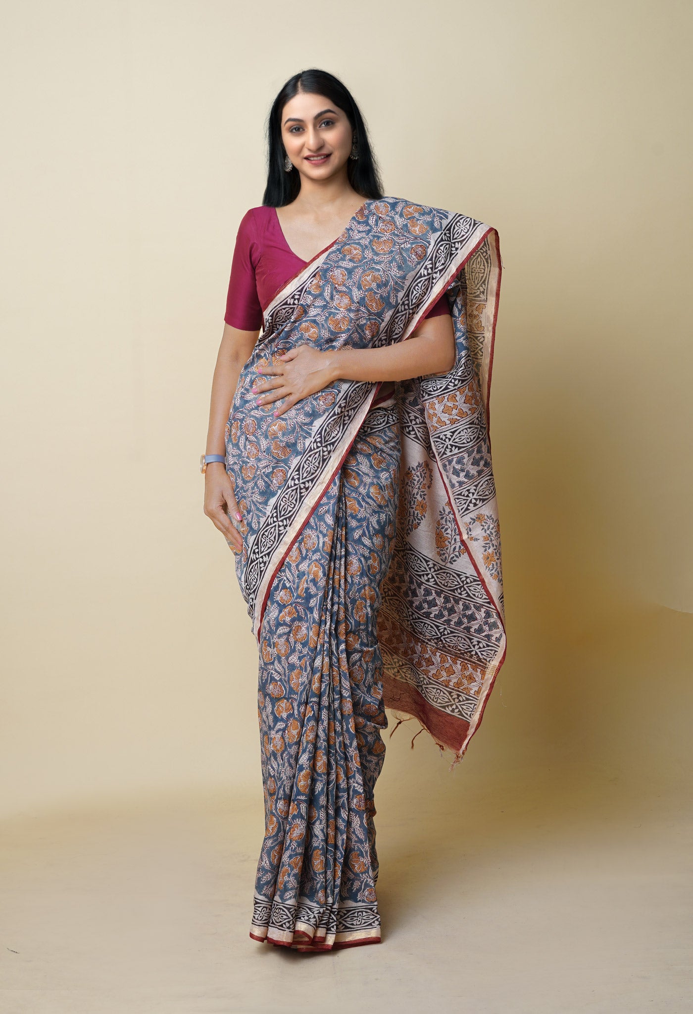 Grey Pure Bagru Printed Pashmina Chanderi Sico Saree