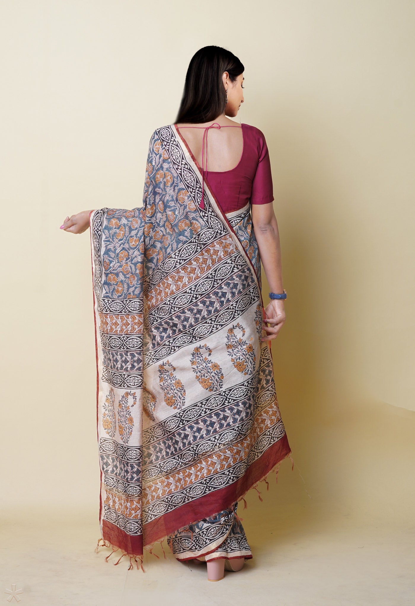 Grey Pure Bagru Printed Pashmina Chanderi Sico Saree